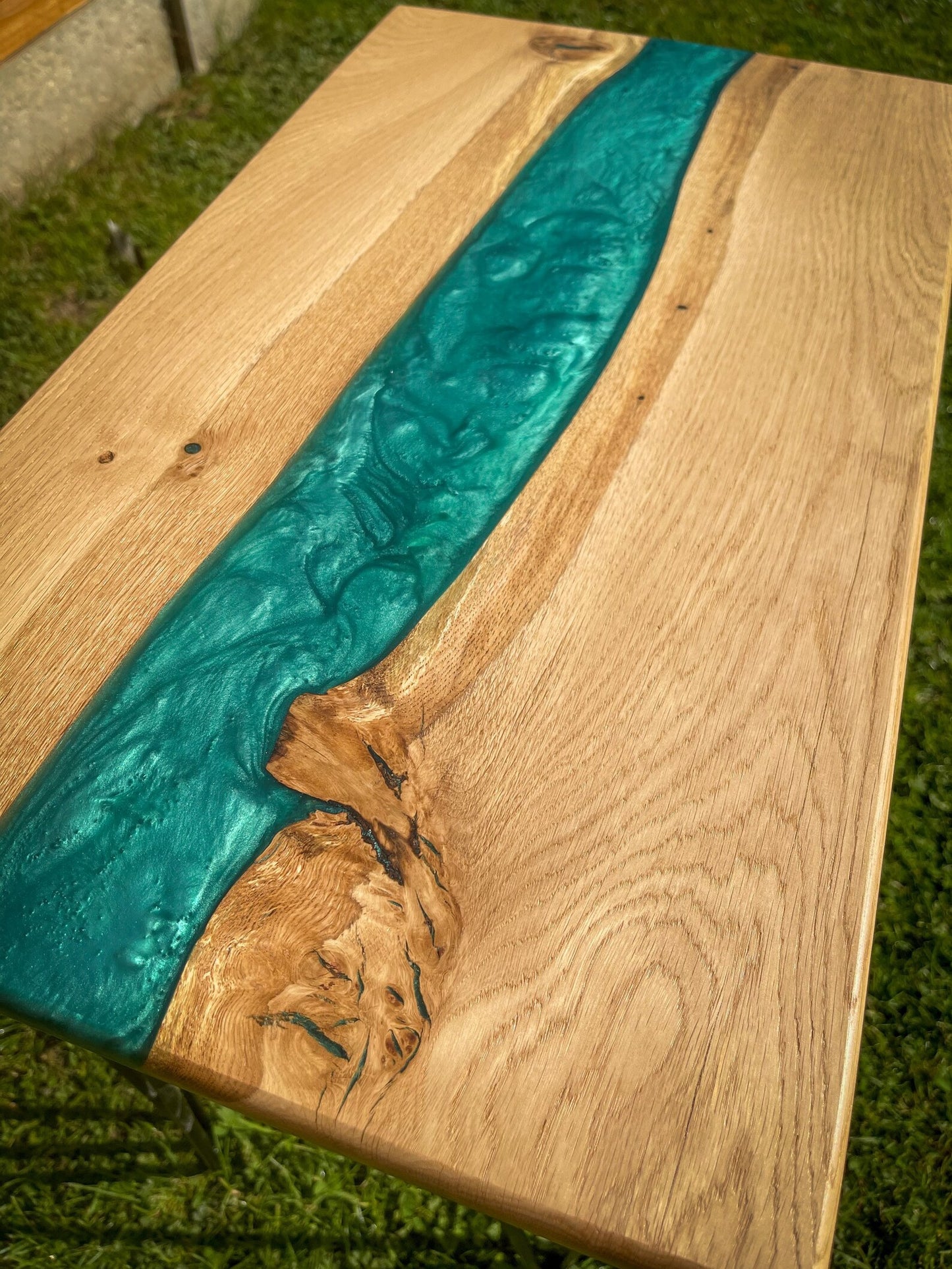 Oak Wood and Turquoise Green Epoxy Resin River Side Table