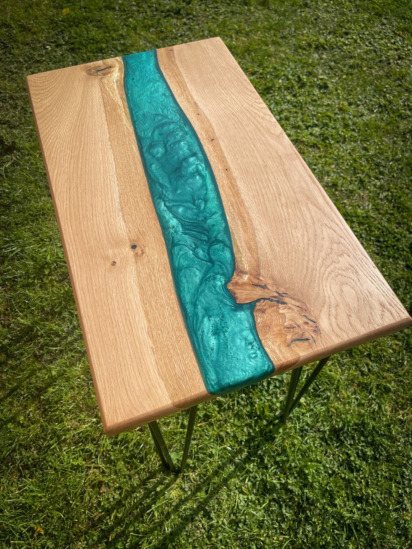 Oak Wood and Turquoise Green Epoxy Resin River Side Table
