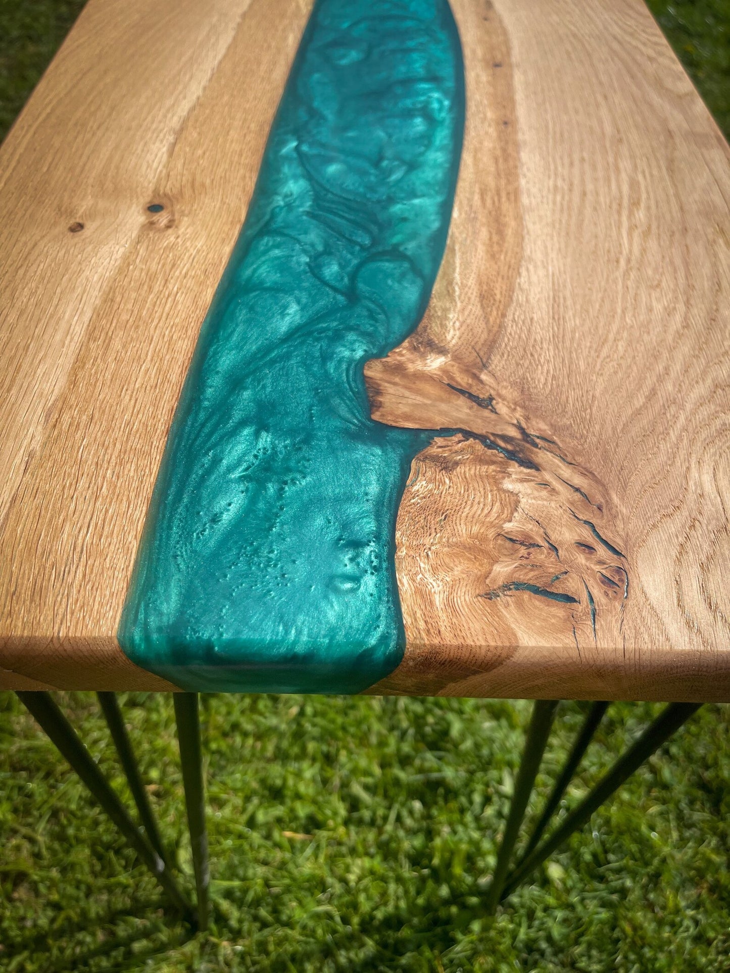 Oak Wood and Turquoise Green Epoxy Resin River Side Table