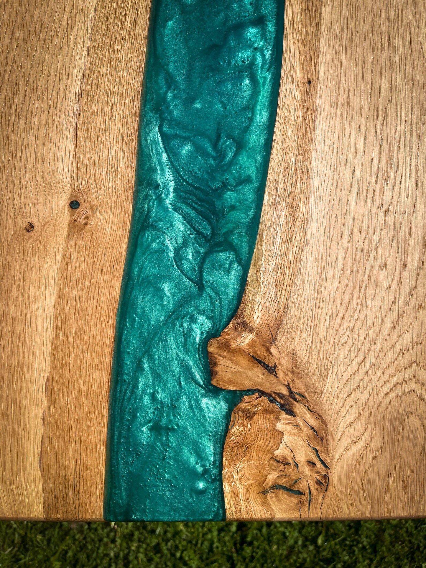 Oak Wood and Turquoise Green Epoxy Resin River Side Table