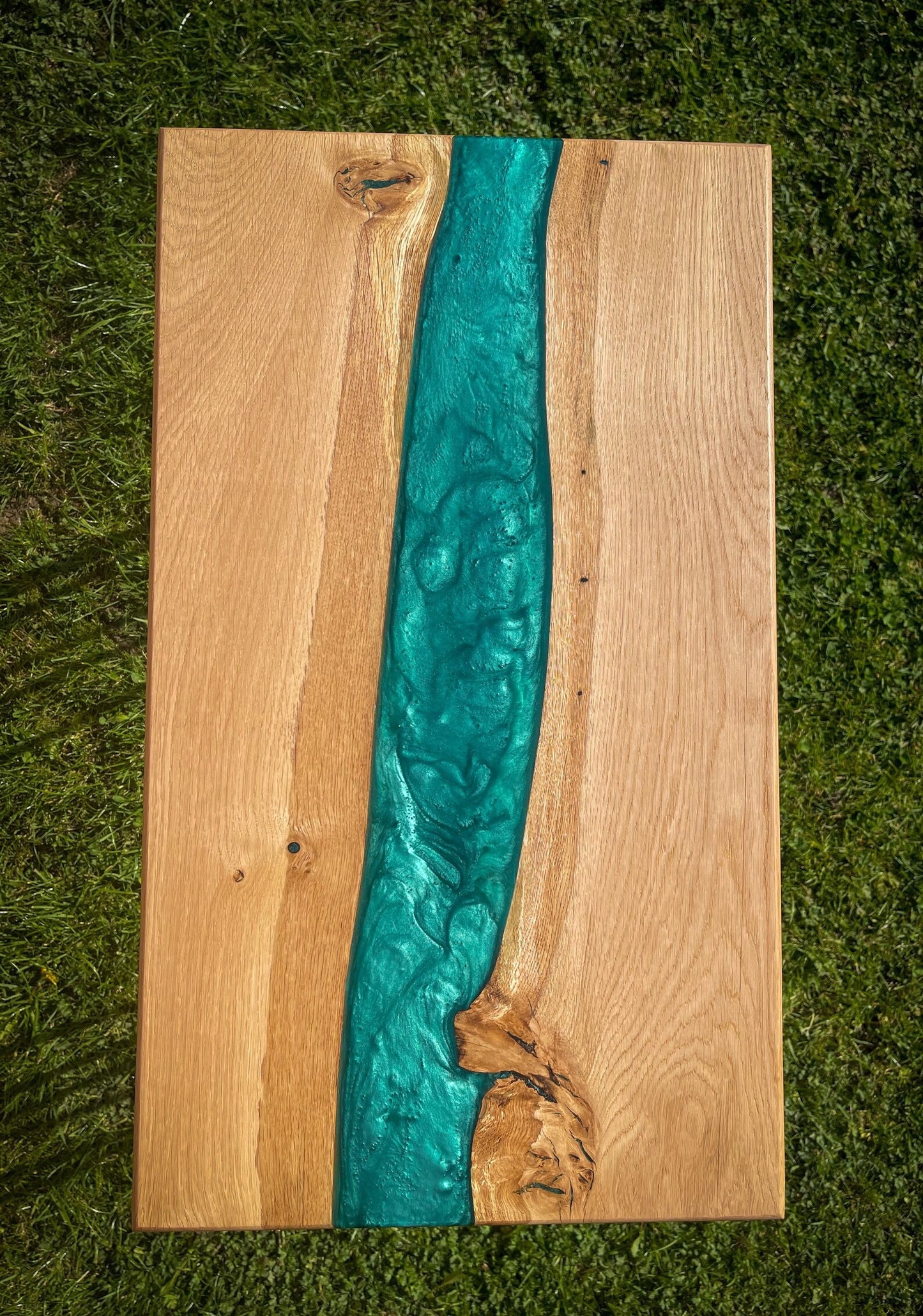 Oak Wood and Turquoise Green Epoxy Resin River Side Table