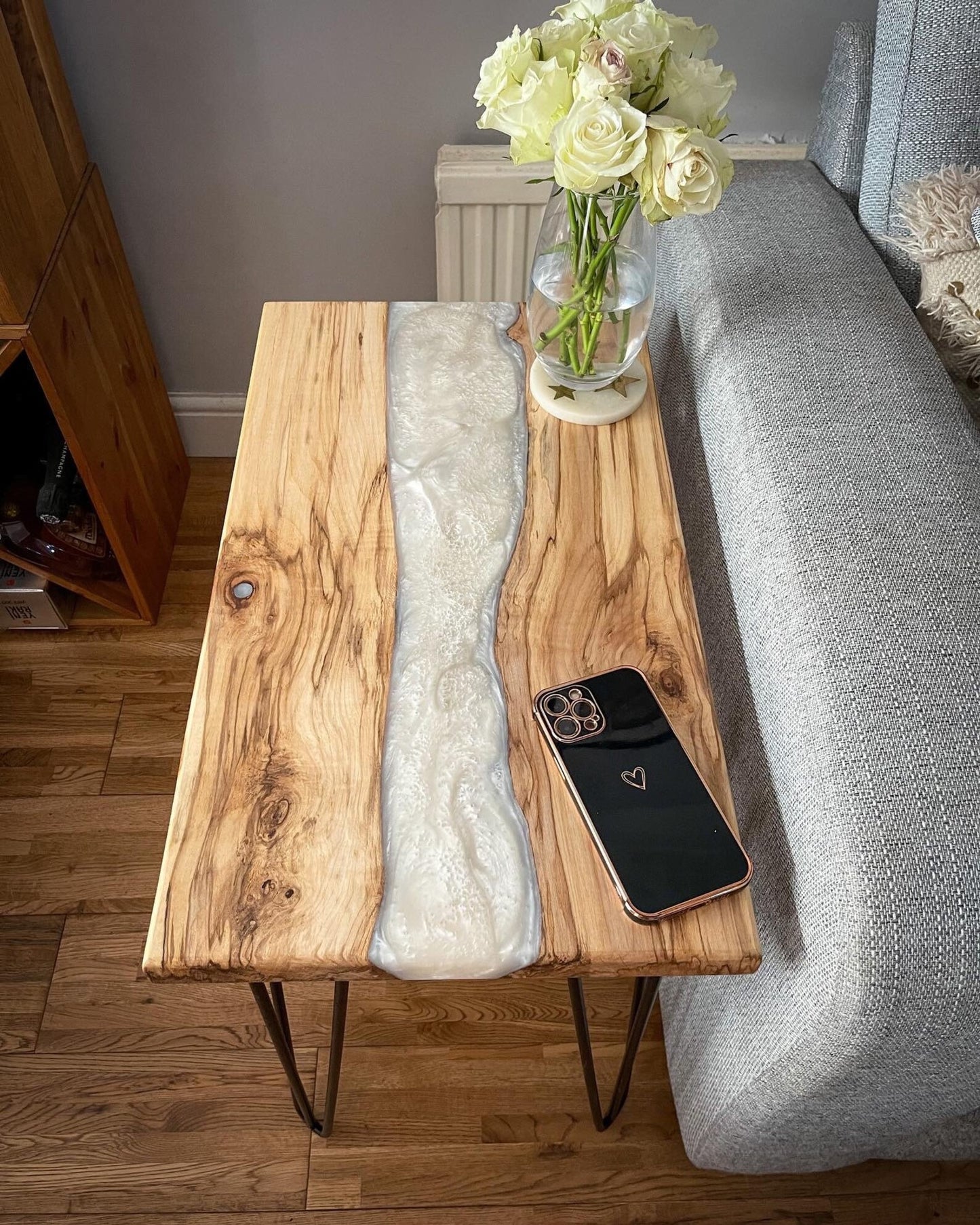 Sycamore Wood and Pearl White Epoxy Resin River Side Table