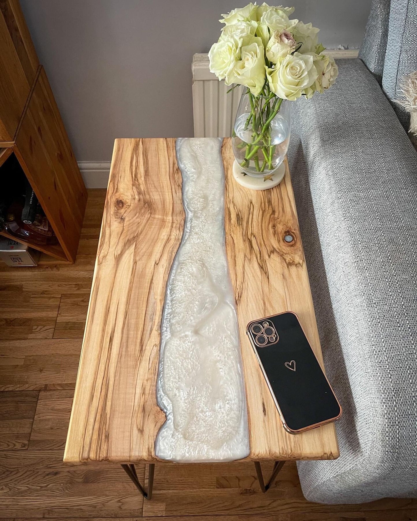 Sycamore Wood and Pearl White Epoxy Resin River Side Table