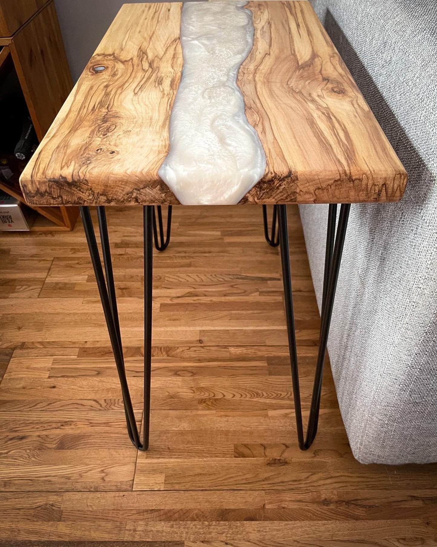 Sycamore Wood and Pearl White Epoxy Resin River Side Table