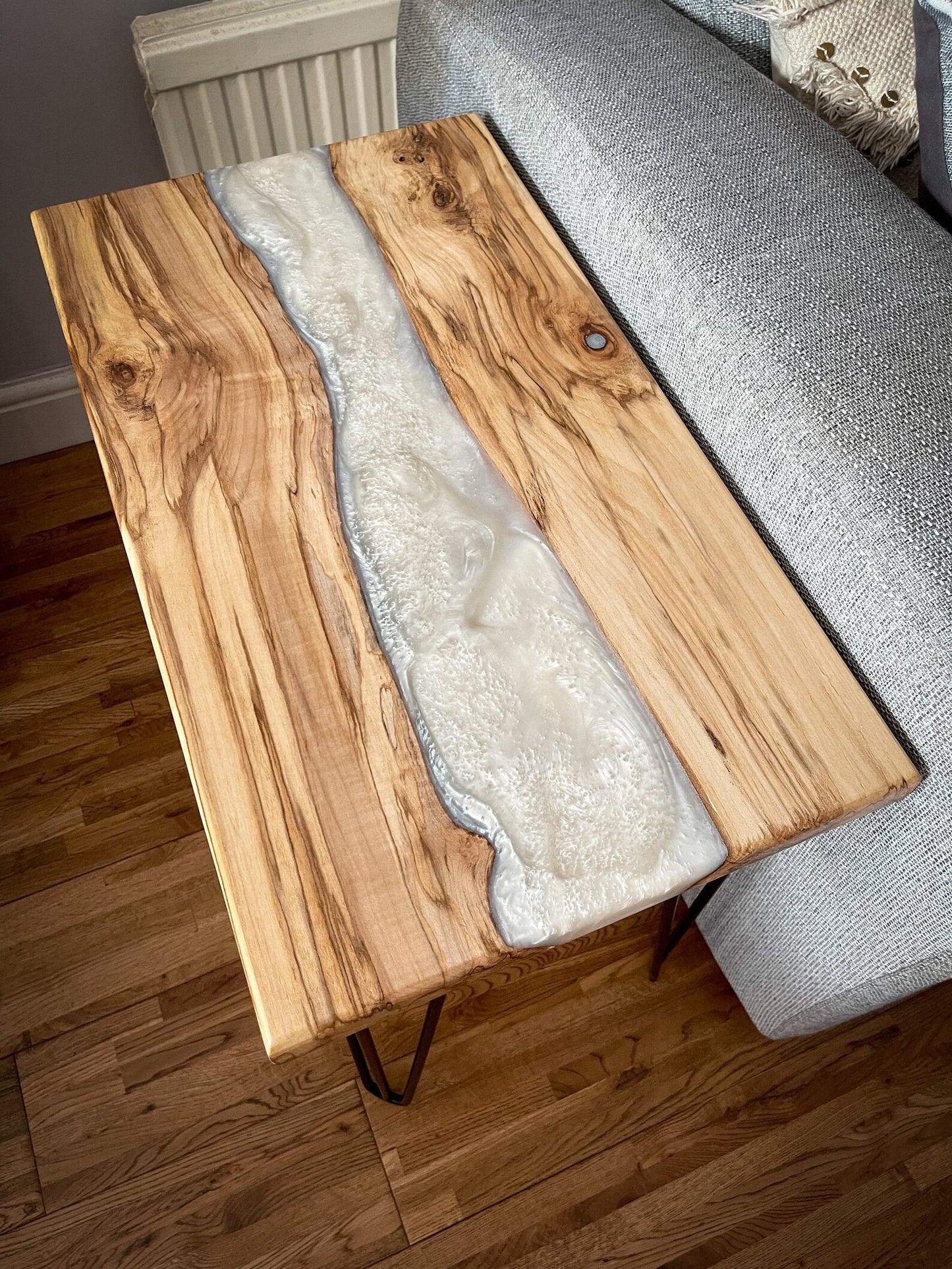 Sycamore Wood and Pearl White Epoxy Resin River Side Table