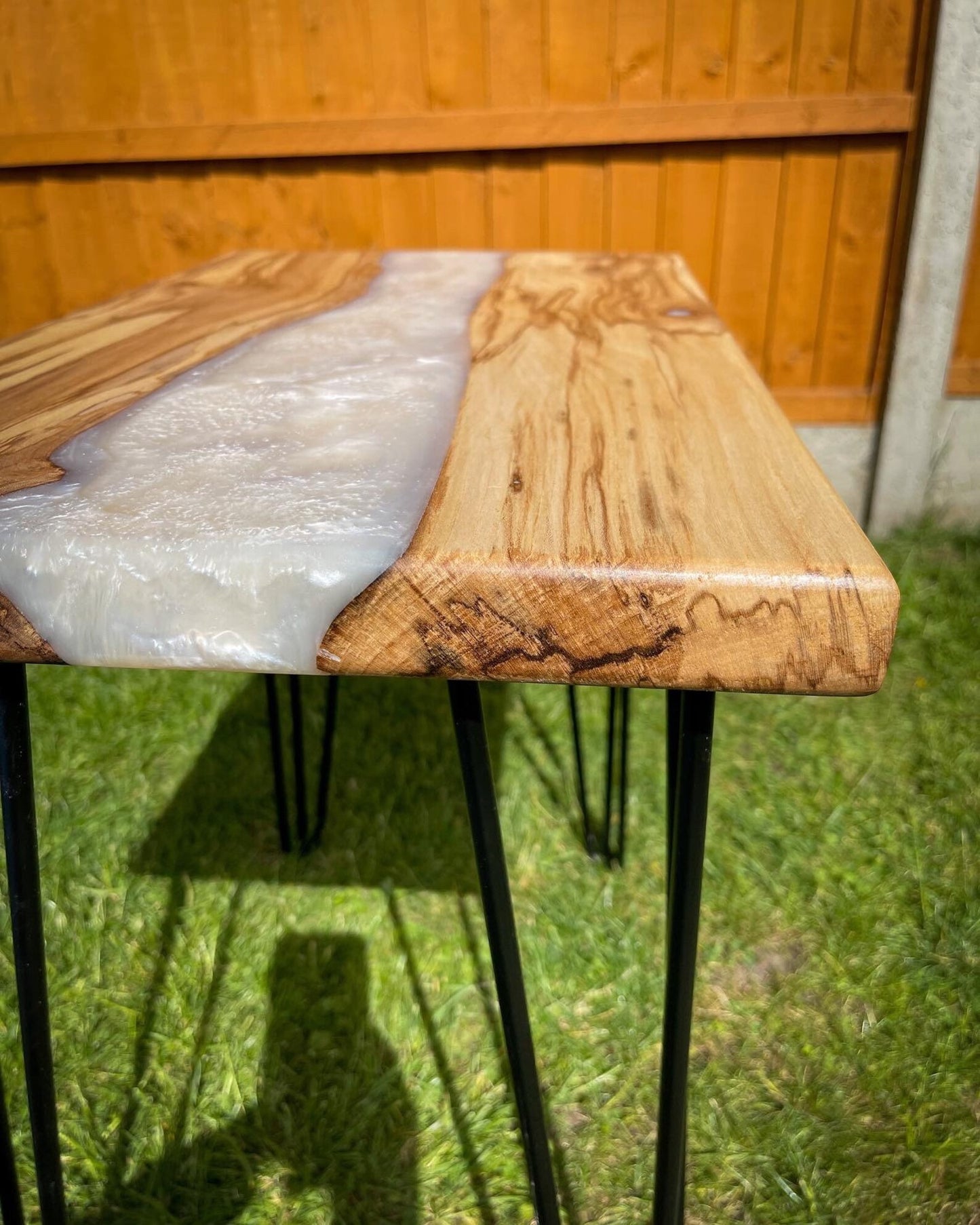 Sycamore Wood and Pearl White Epoxy Resin River Side Table