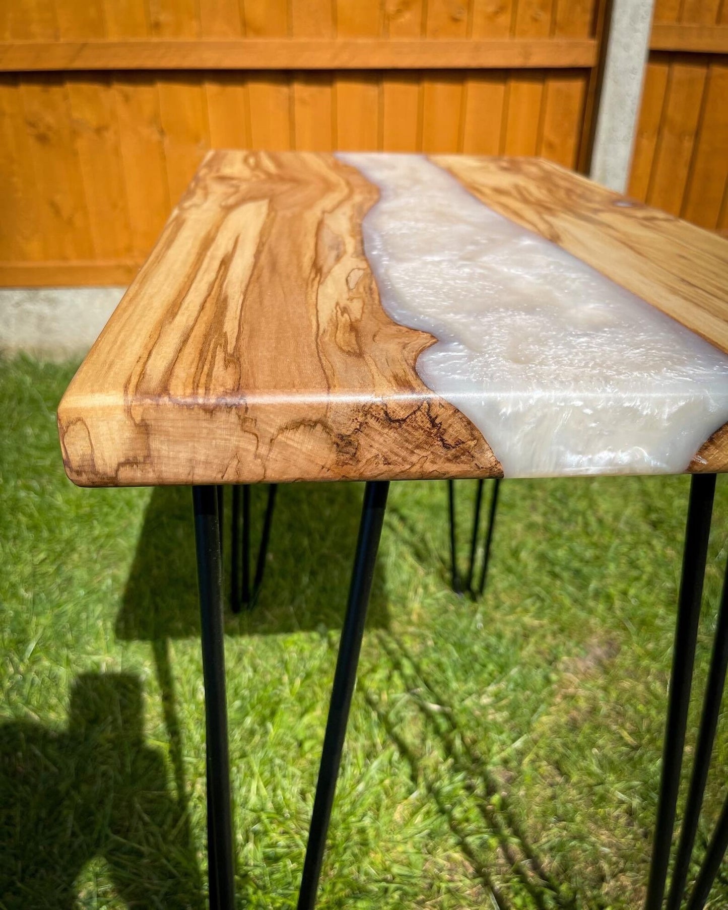 Sycamore Wood and Pearl White Epoxy Resin River Side Table