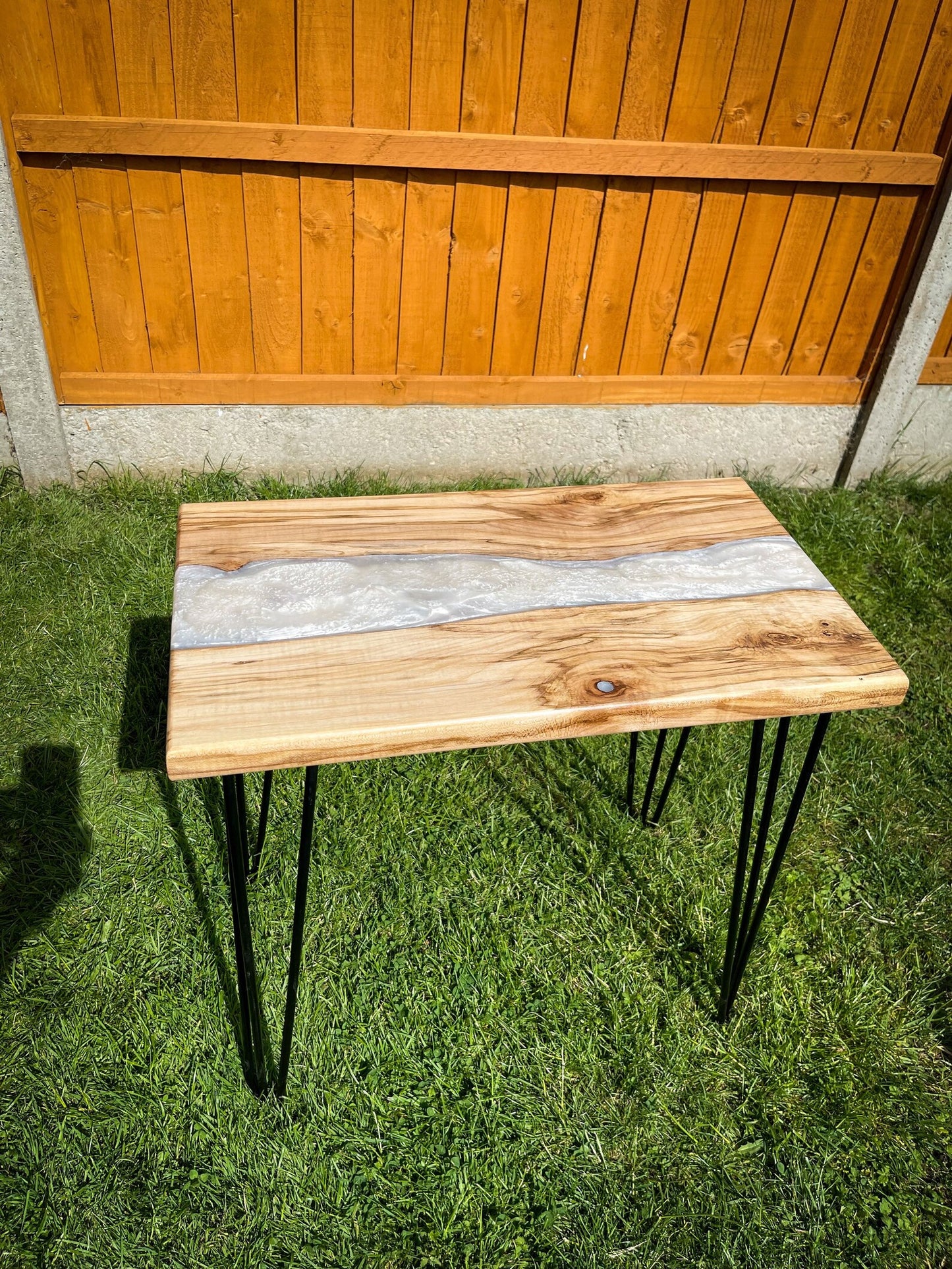 Sycamore Wood and Pearl White Epoxy Resin River Side Table