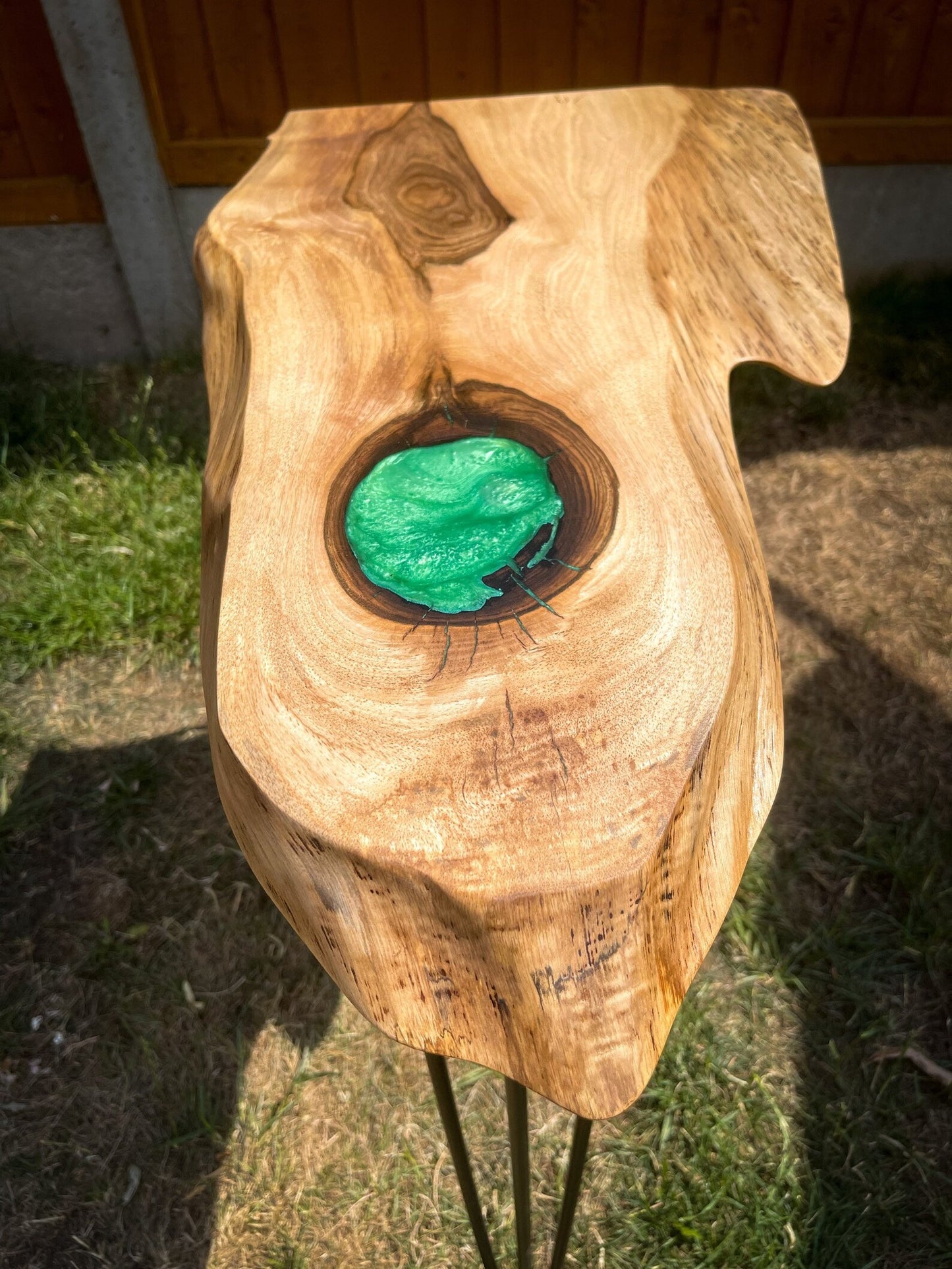 English Walnut and Pickled Green Epoxy Resin Side Table