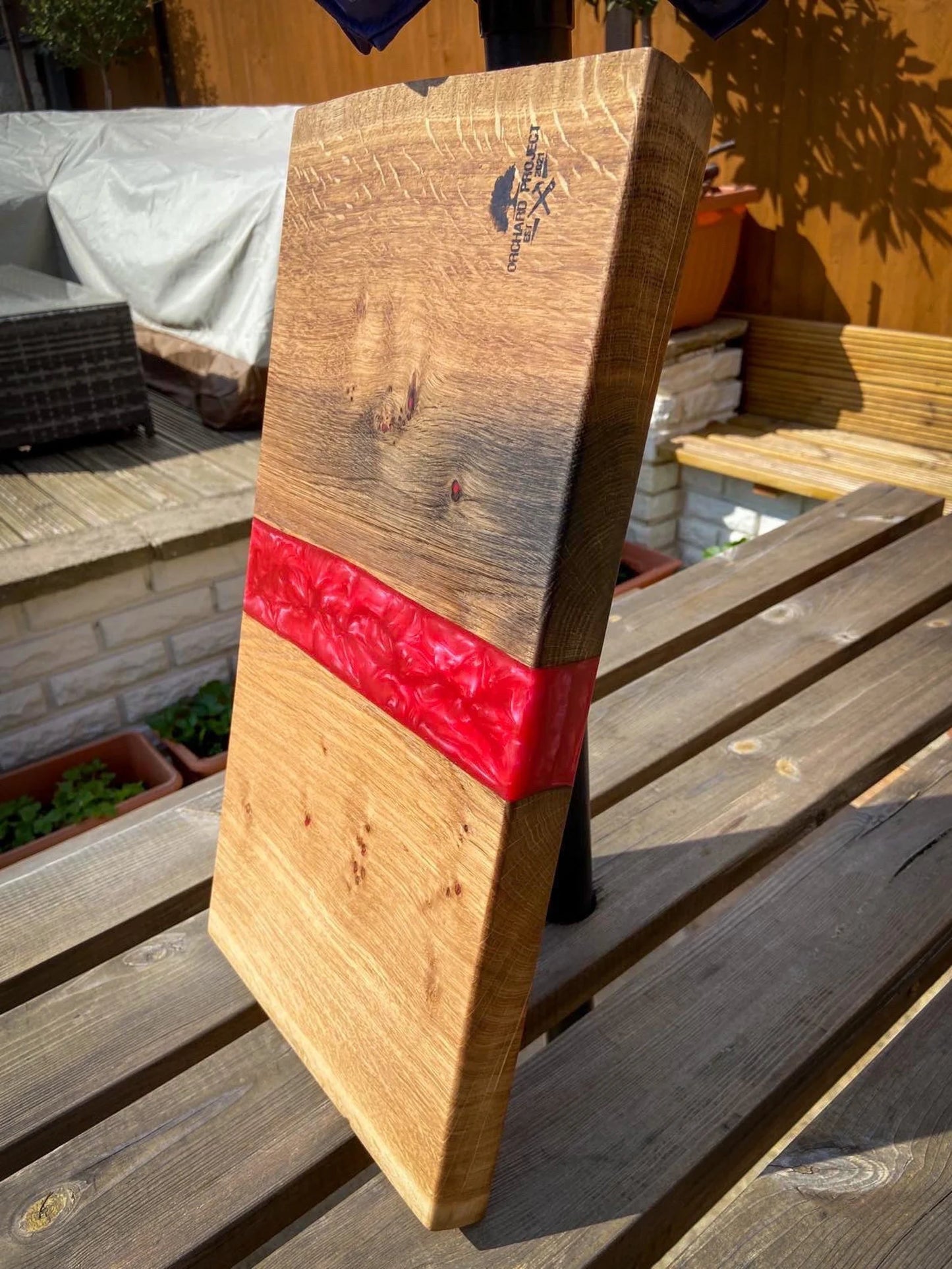 Large Oak Wood and Red Raspberry Epoxy Resin Charcuterie Board