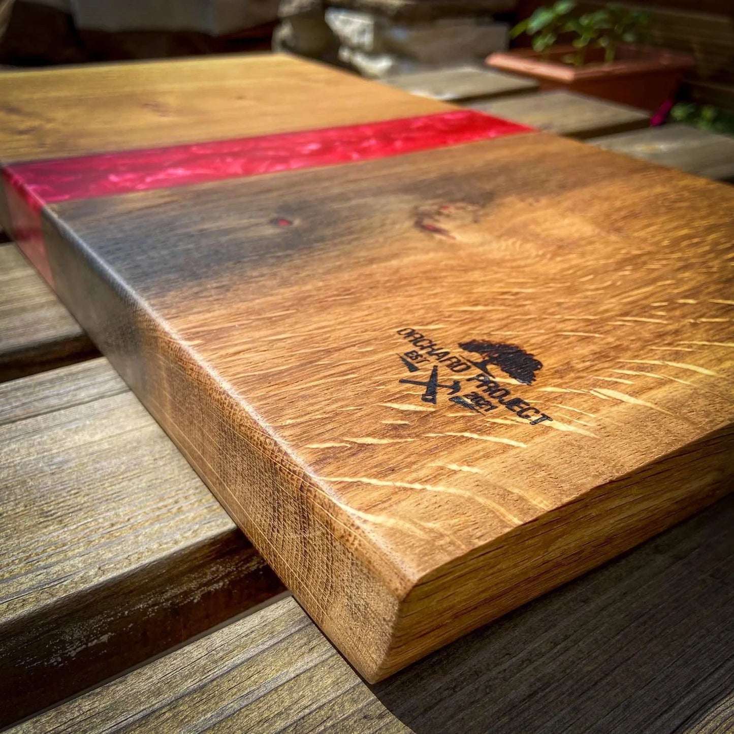 Large Oak Wood and Red Raspberry Epoxy Resin Charcuterie Board