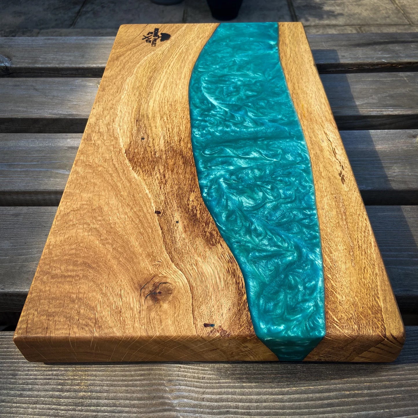 Large Oak Wood and Turquoise Epoxy Resin Charcuterie Board