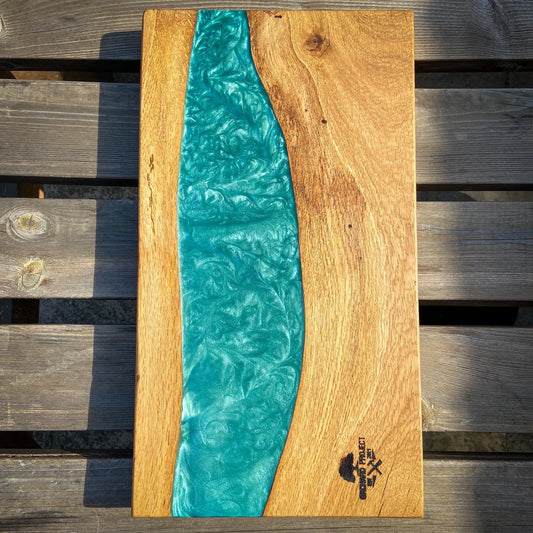 Large Oak Wood and Turquoise Epoxy Resin Charcuterie Board