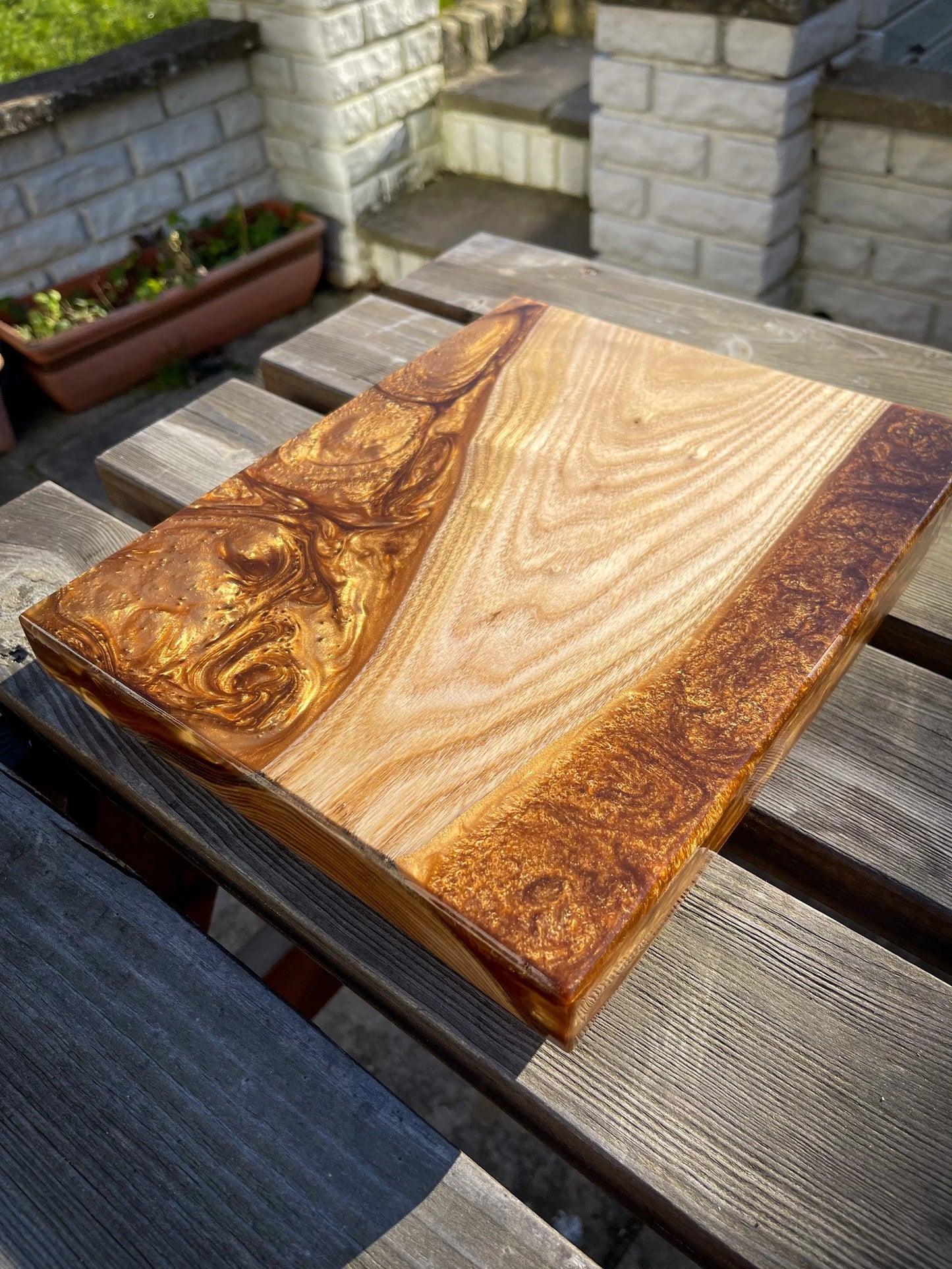 Medium Catalpa Wood and Golden Caramel Epoxy Resin Charcuterie Board