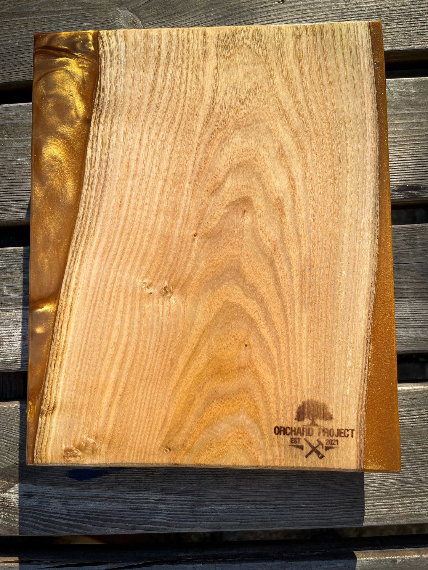 Medium Catalpa Wood and Golden Caramel Epoxy Resin Charcuterie Board