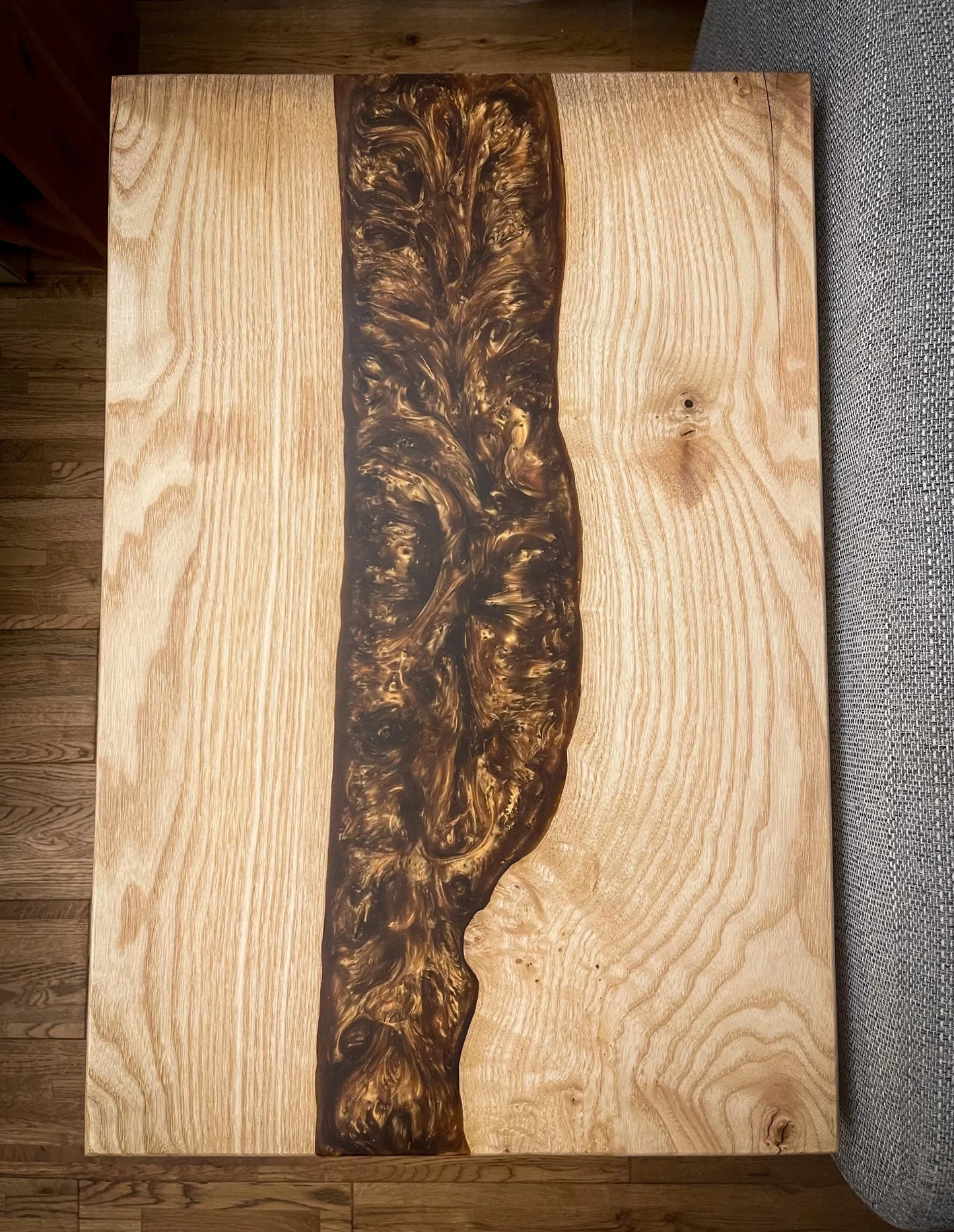 Ash Wood and Golden Bronze Resin River Side Table