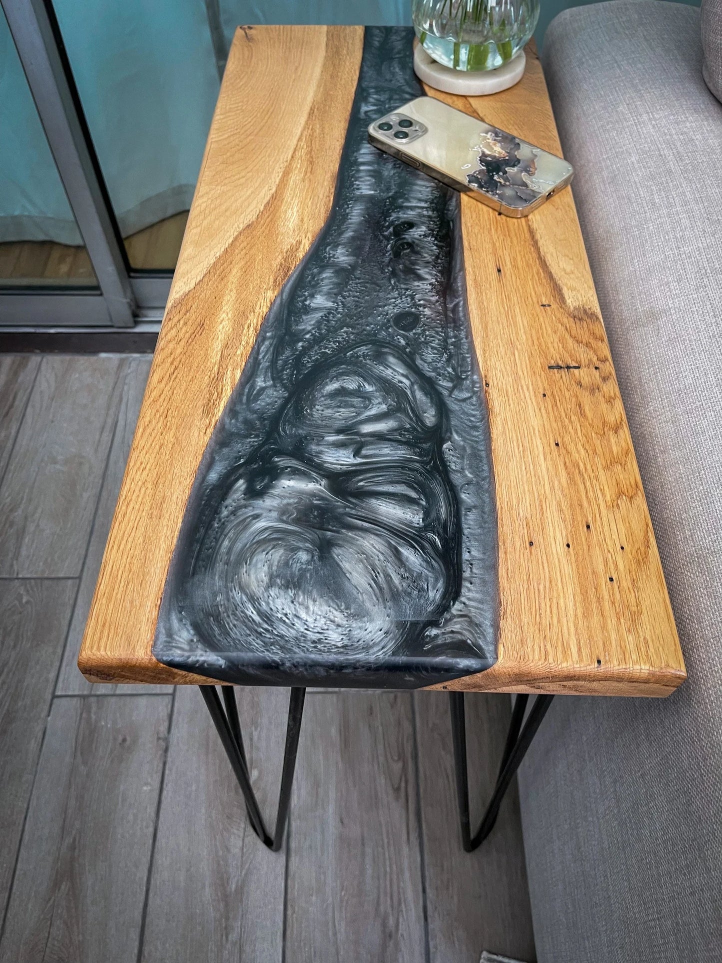 Oak Wood and Dark Silver Epoxy Resin River Side Table