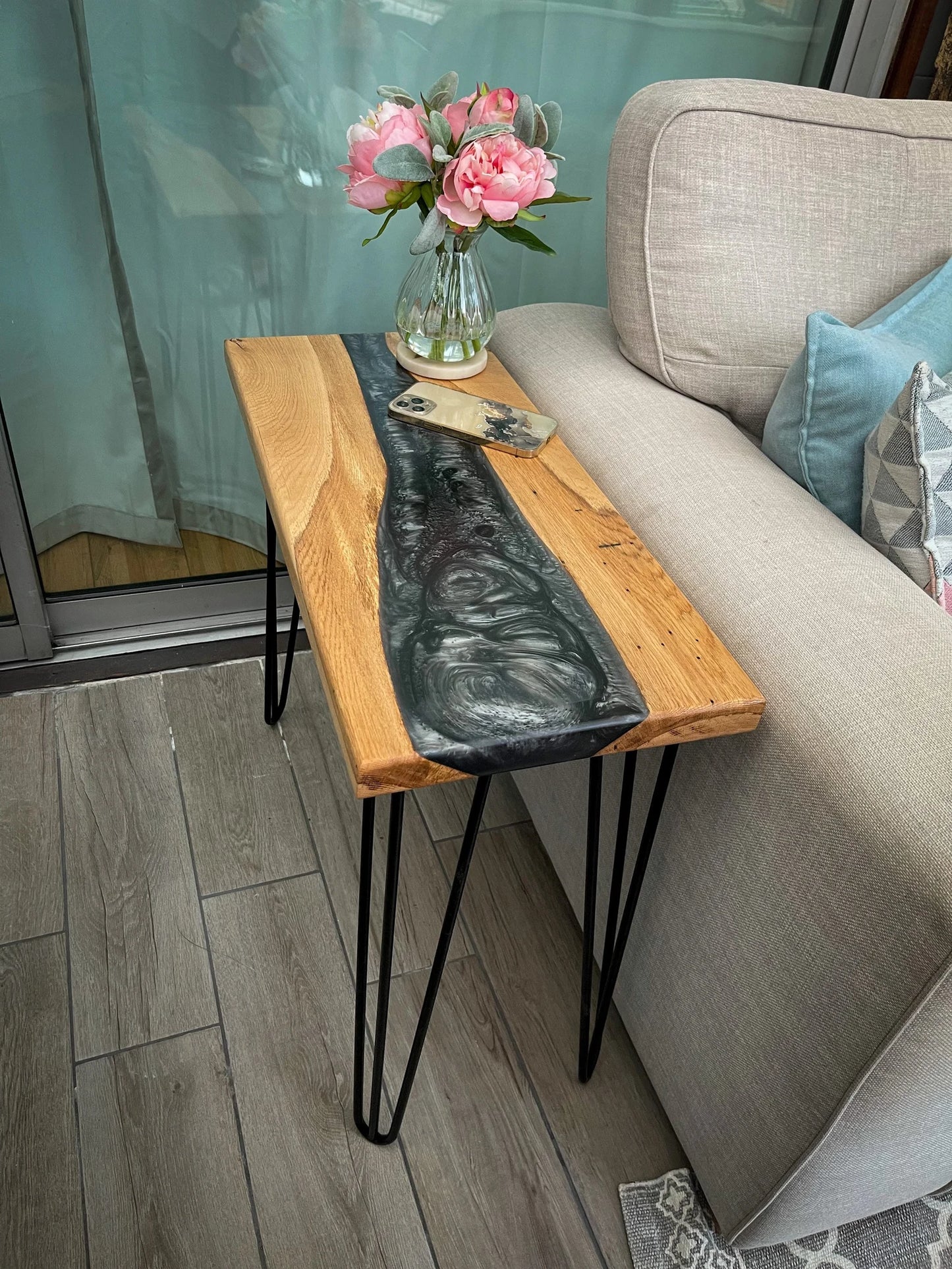 Oak Wood and Dark Silver Epoxy Resin River Side Table