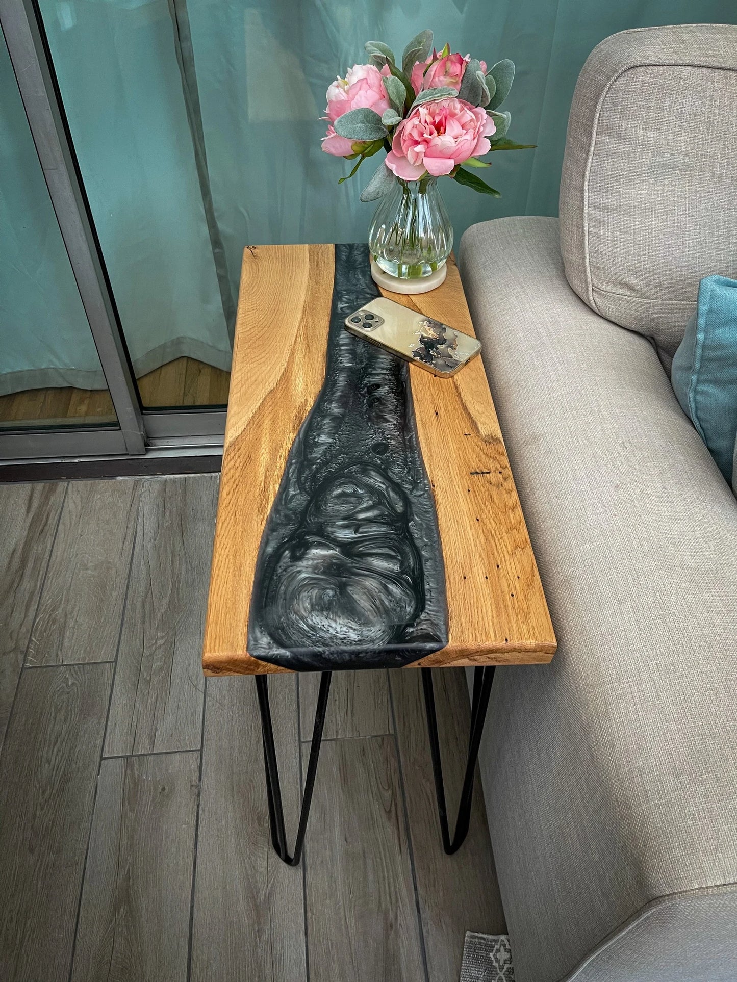 Oak Wood and Dark Silver Epoxy Resin River Side Table