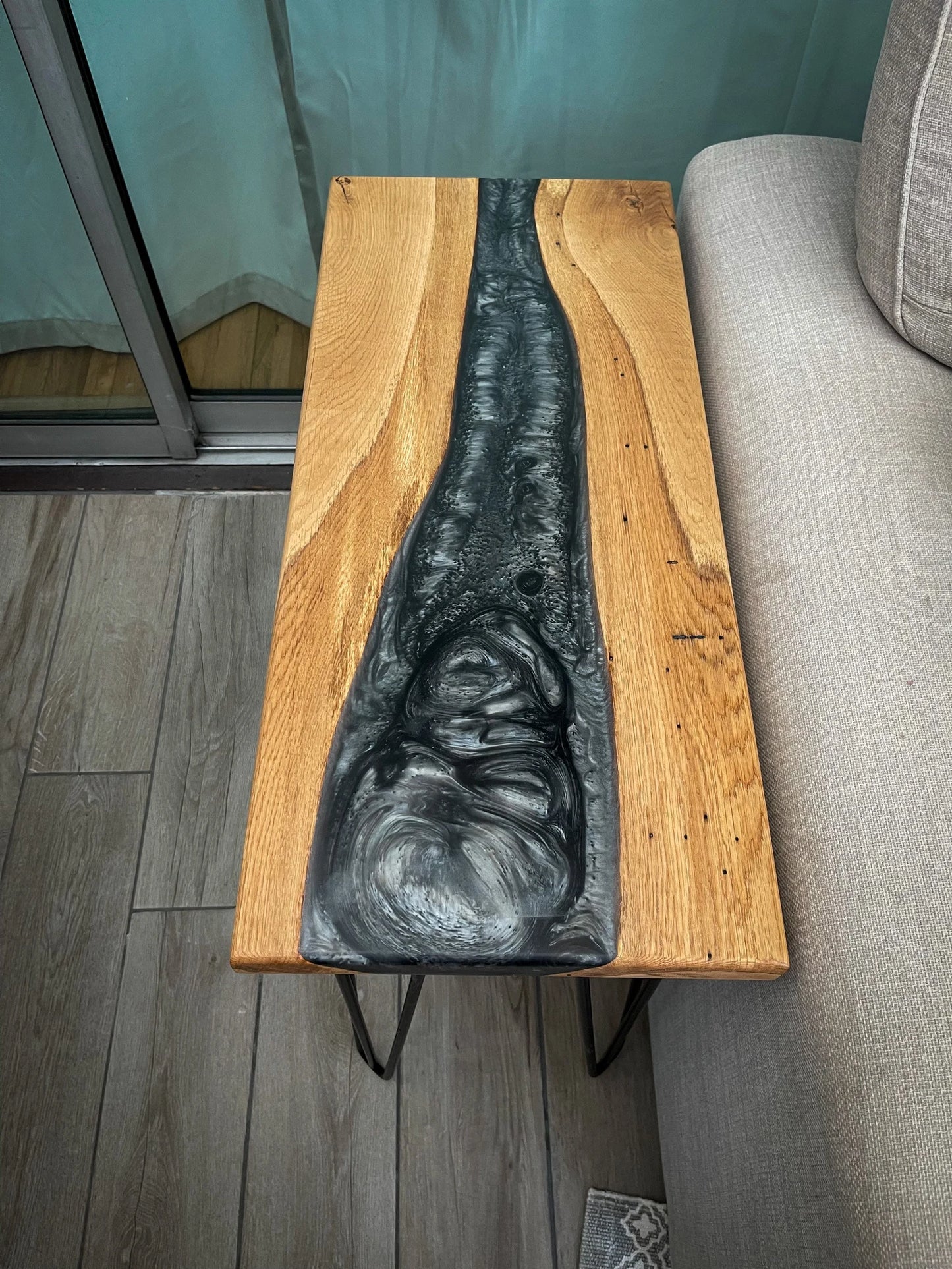 Oak Wood and Dark Silver Epoxy Resin River Side Table