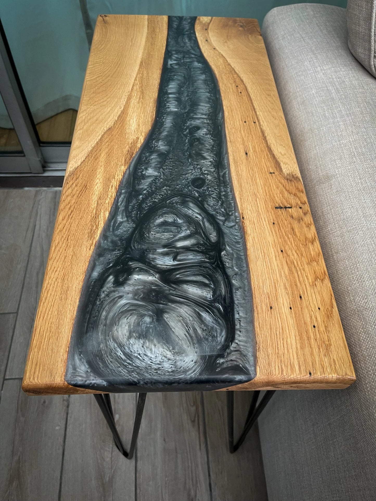 Oak Wood and Dark Silver Epoxy Resin River Side Table