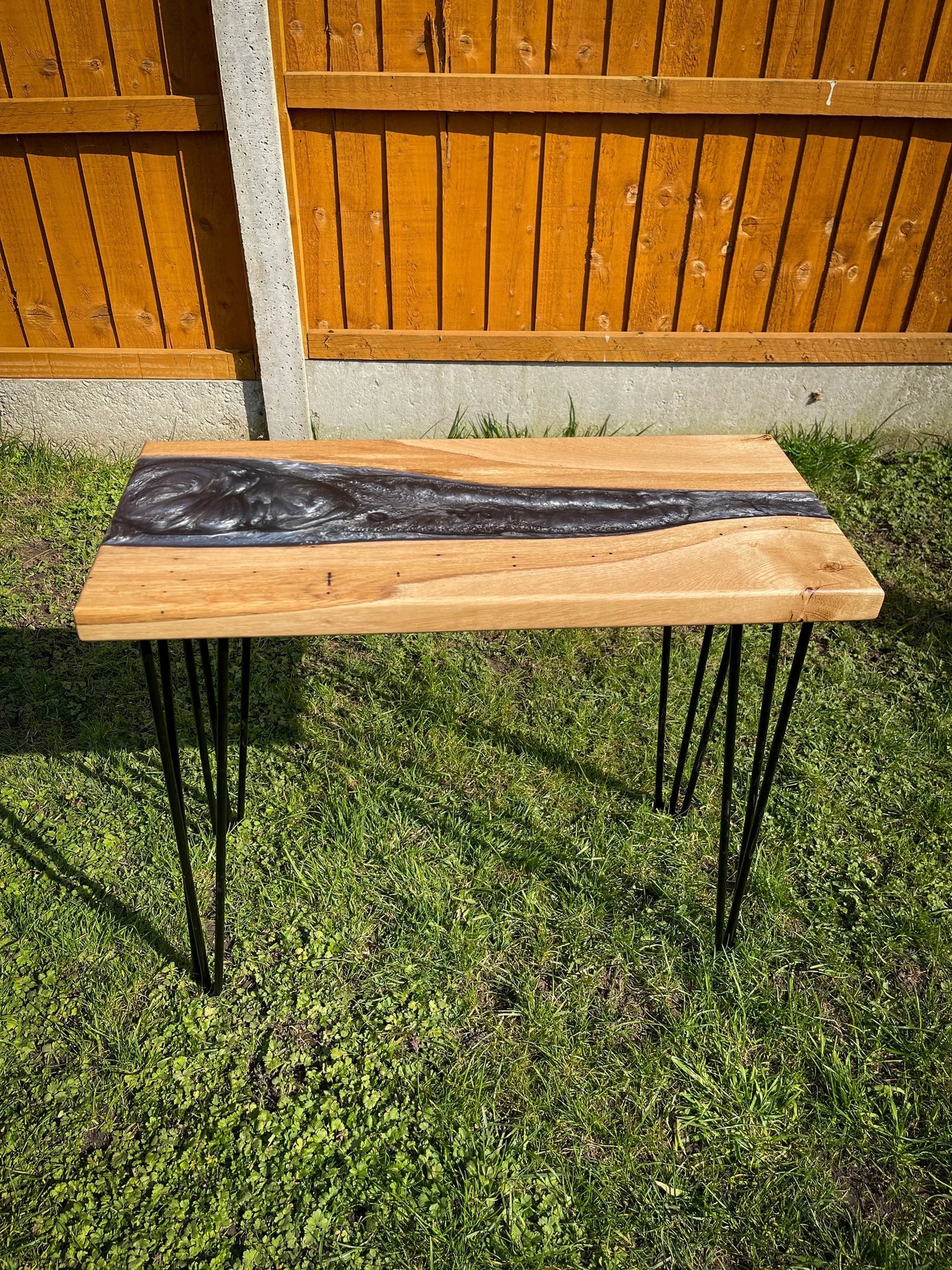 Oak Wood and Dark Silver Epoxy Resin River Side Table