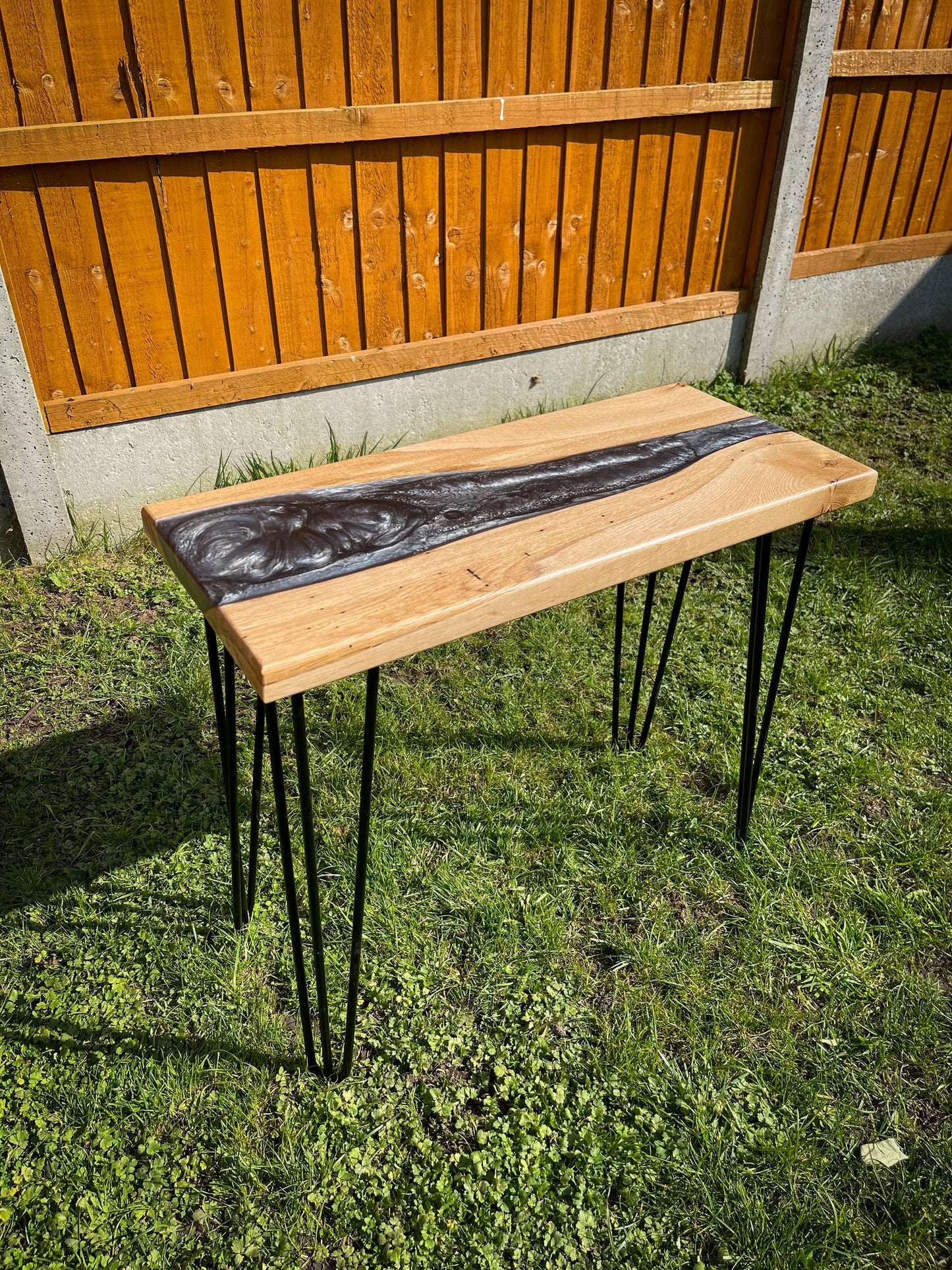 Oak Wood and Dark Silver Epoxy Resin River Side Table