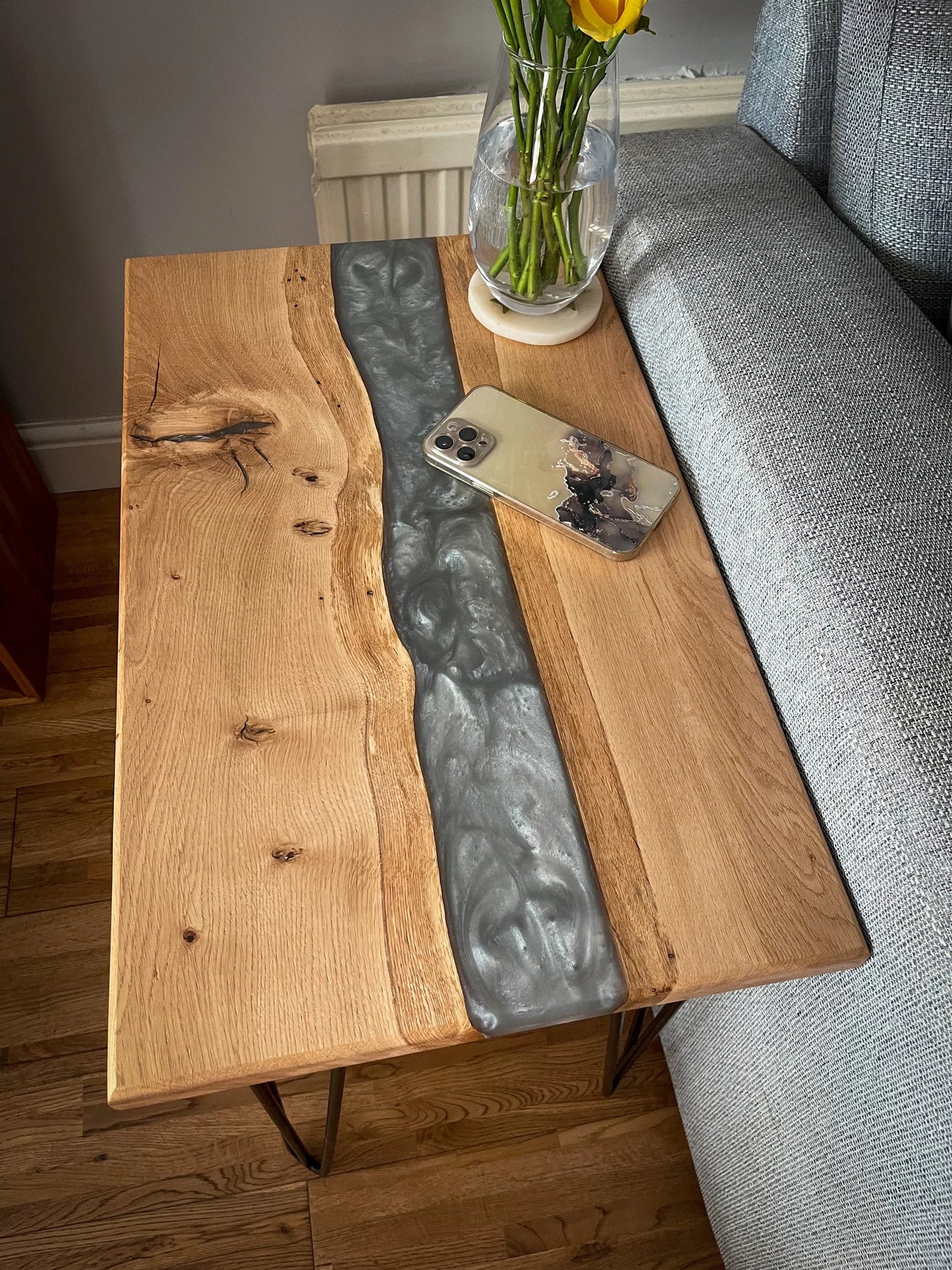 Sycamore Wood and Light Silver Epoxy Resin River Side Table