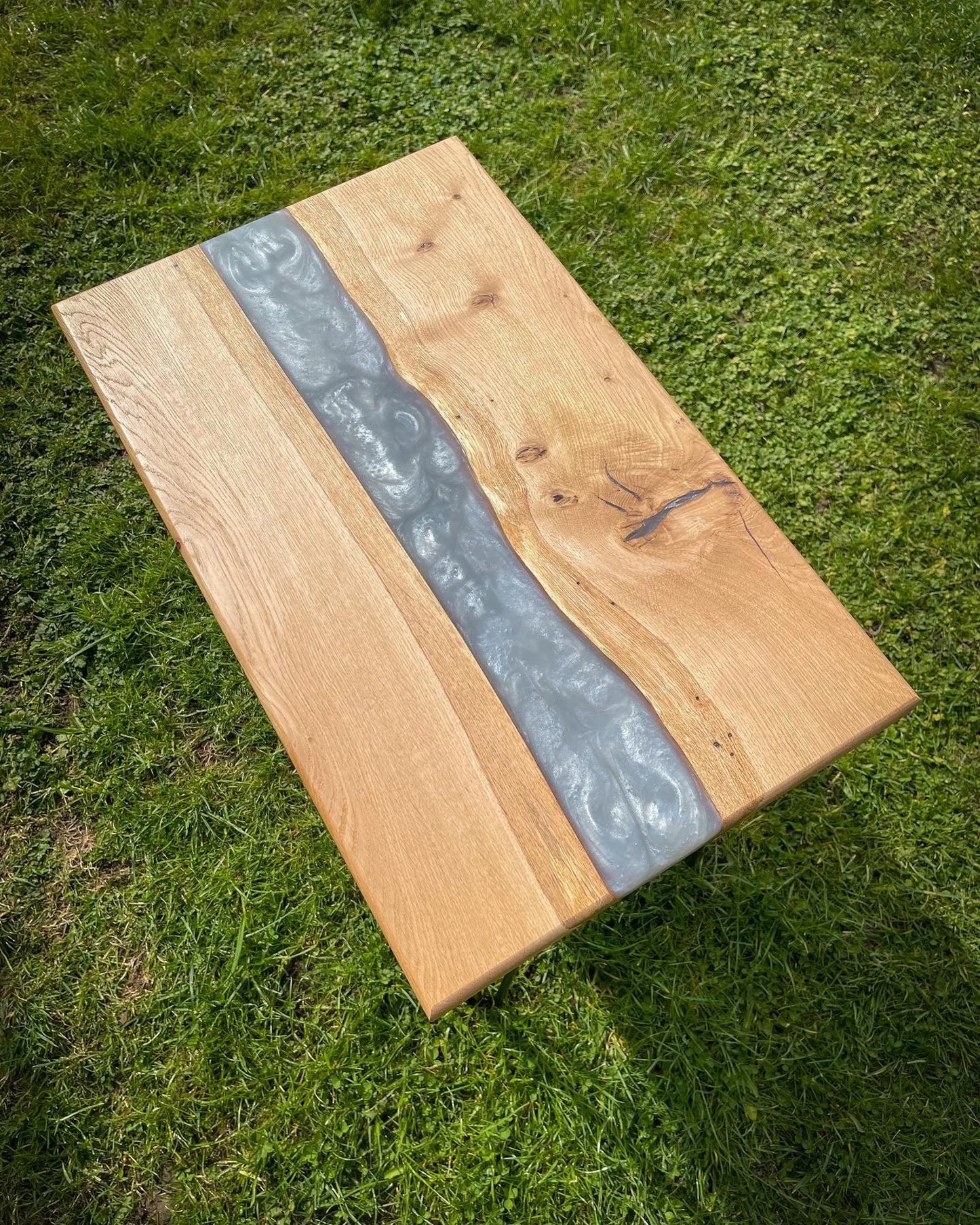 Sycamore Wood and Light Silver Epoxy Resin River Side Table