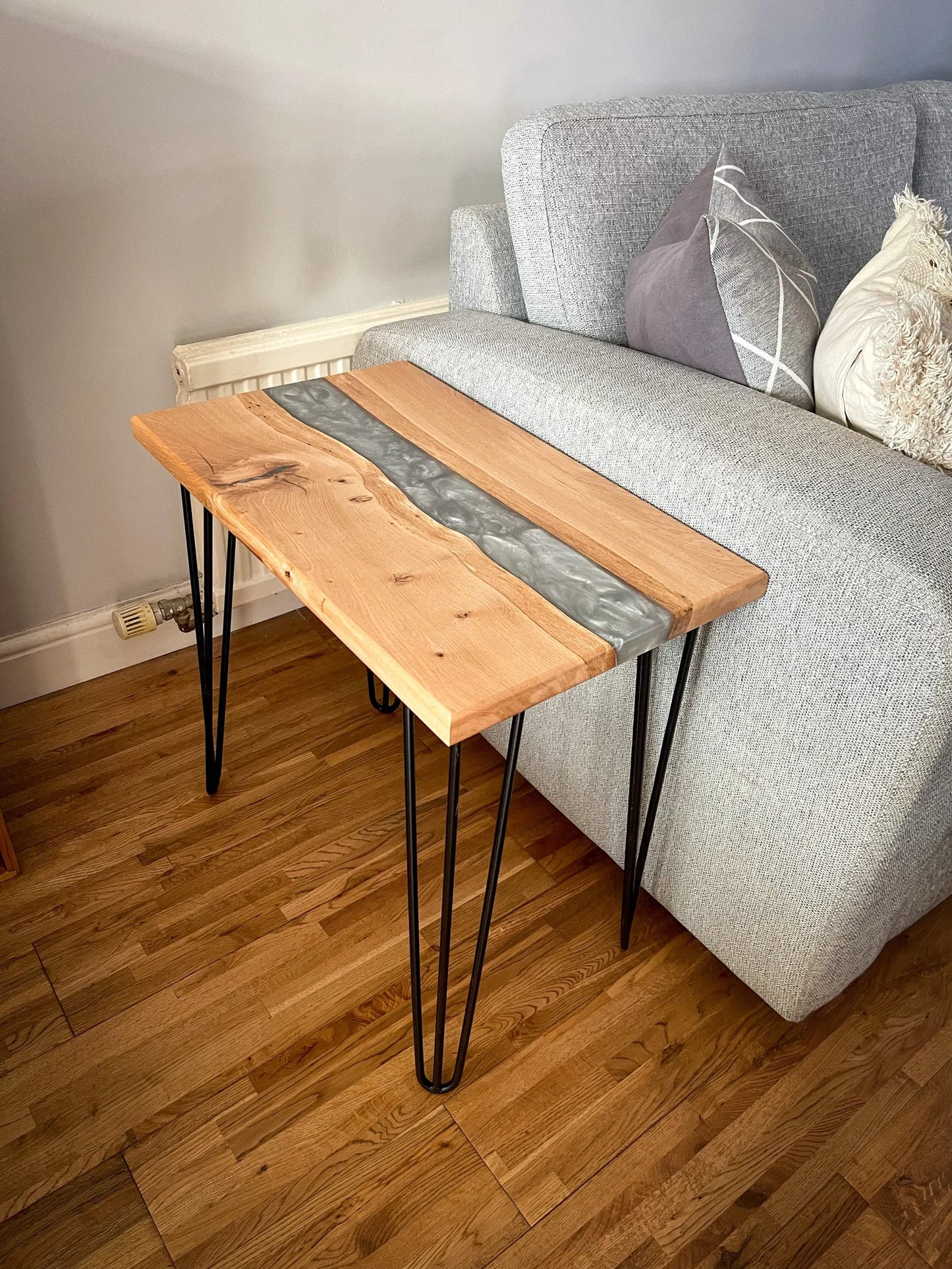 Sycamore Wood and Light Silver Epoxy Resin River Side Table