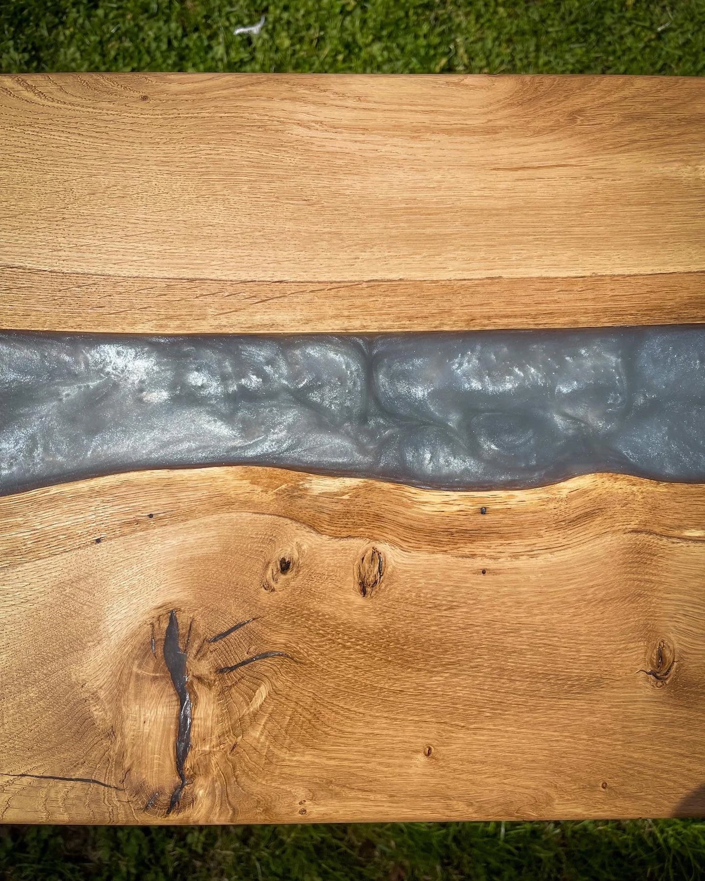 Sycamore Wood and Light Silver Epoxy Resin River Side Table
