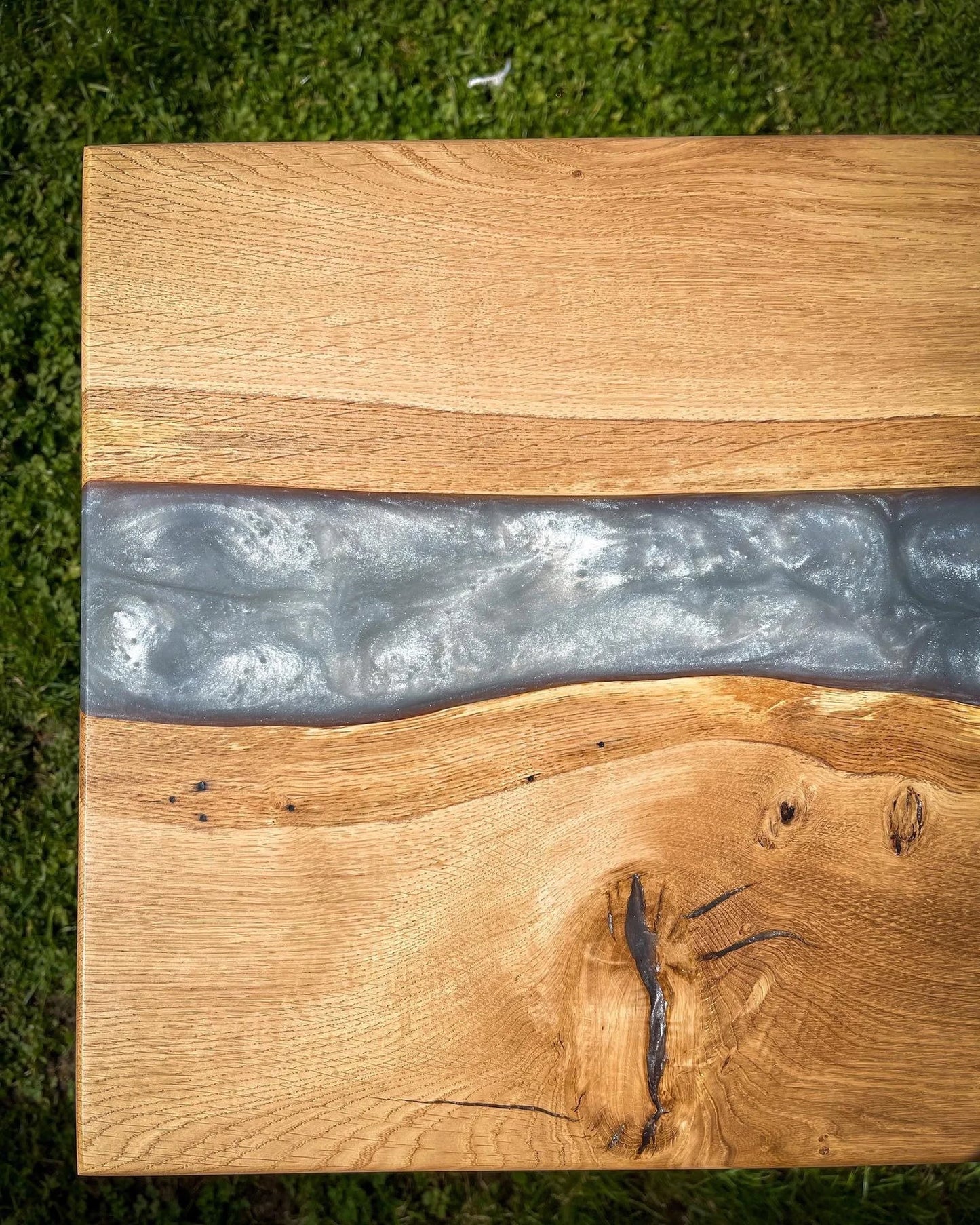 Sycamore Wood and Light Silver Epoxy Resin River Side Table