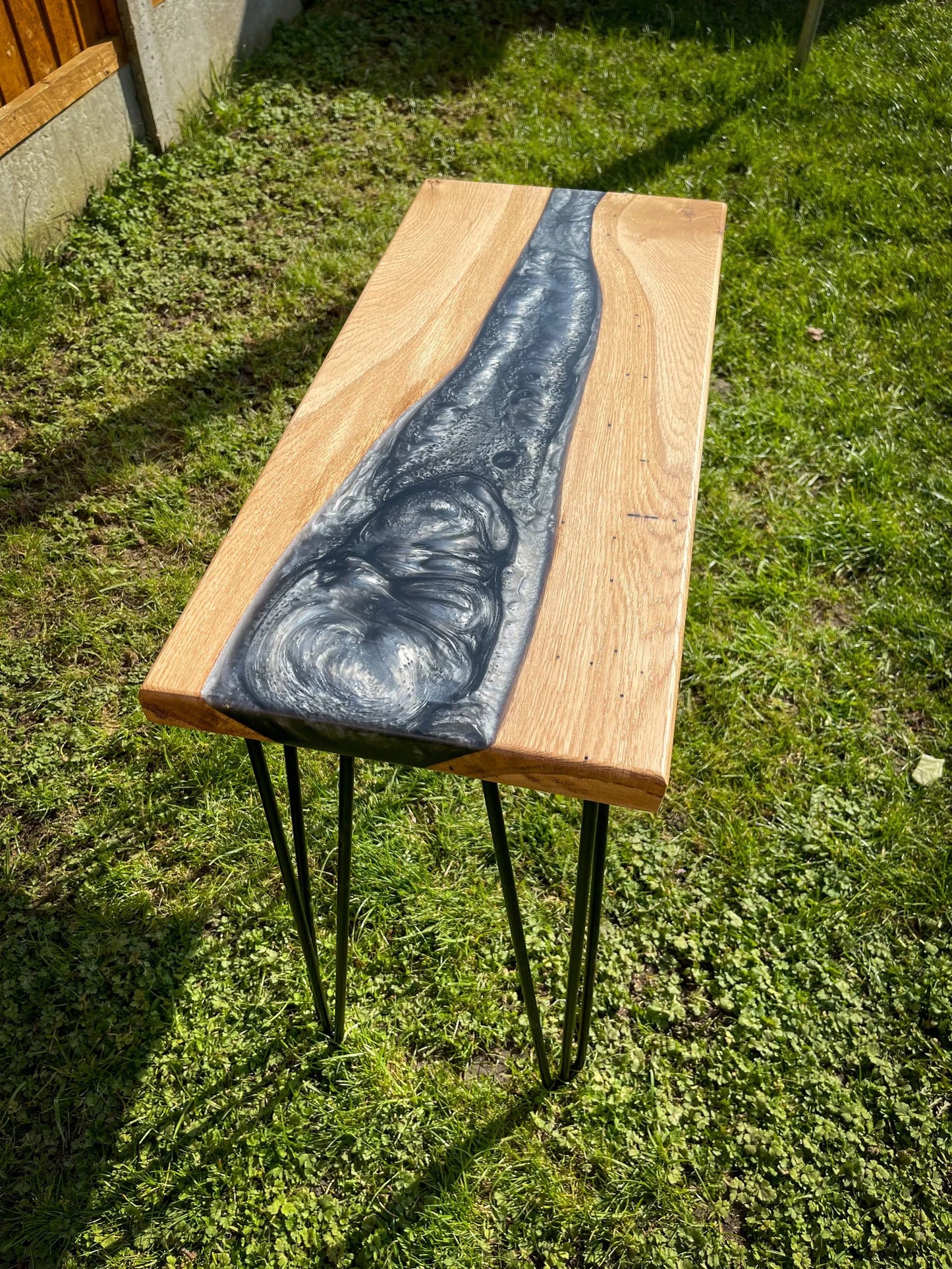 Oak Wood and Dark Silver Epoxy Resin River Side Table