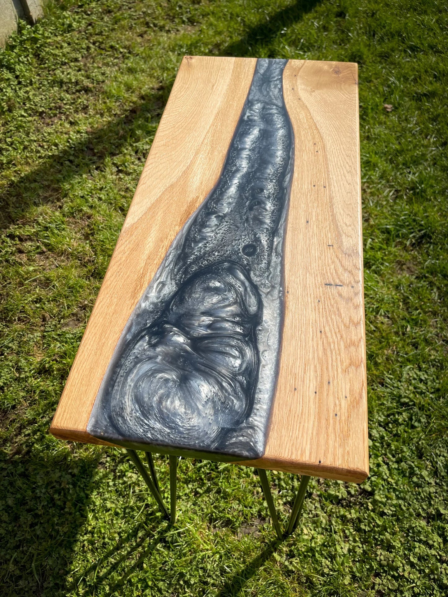 Oak Wood and Dark Silver Epoxy Resin River Side Table