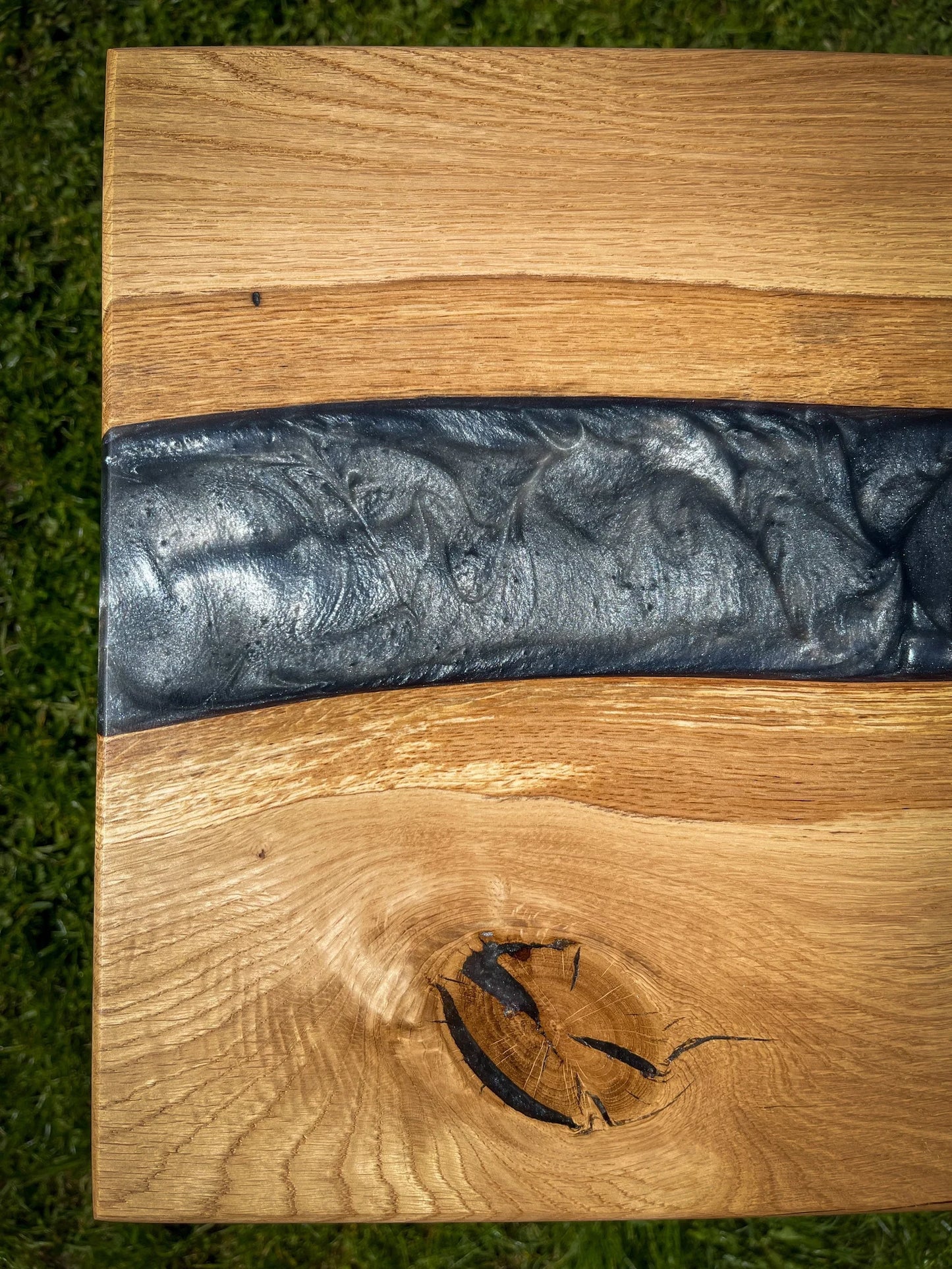 Oak Wood and Smoked Silver Epoxy Resin River Side Table