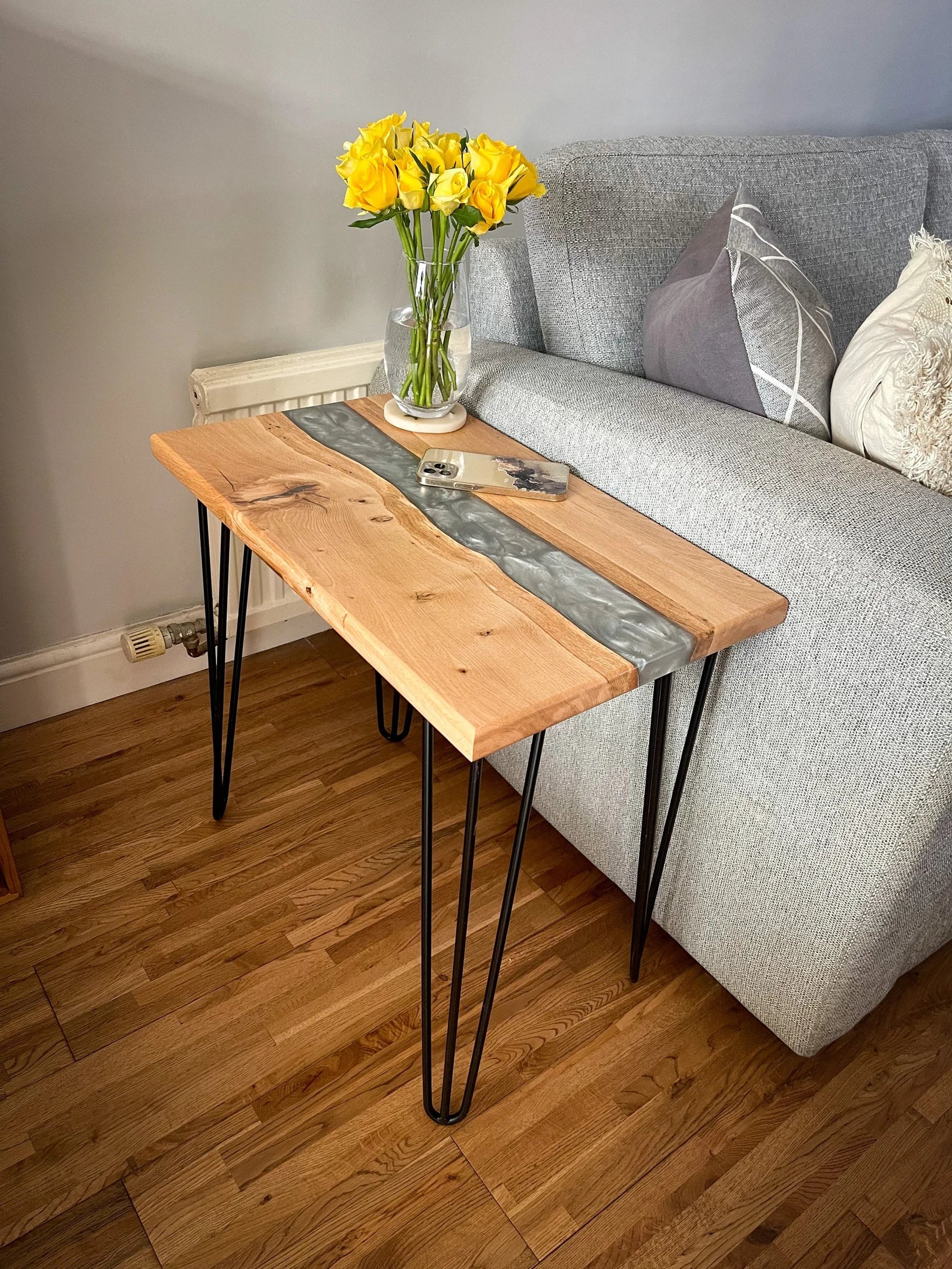 Sycamore Wood and Light Silver Epoxy Resin River Side Table