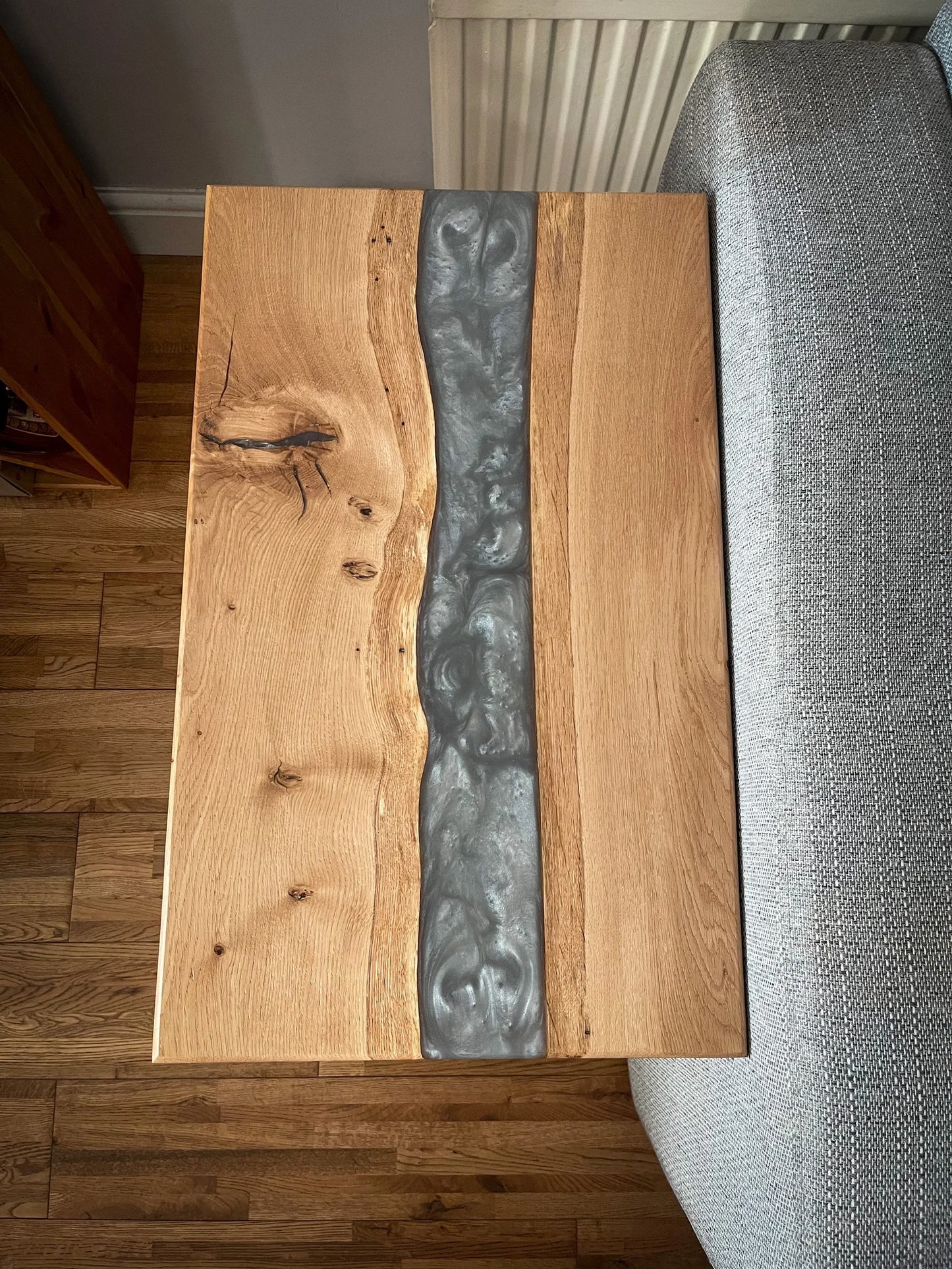 Sycamore Wood and Light Silver Epoxy Resin River Side Table