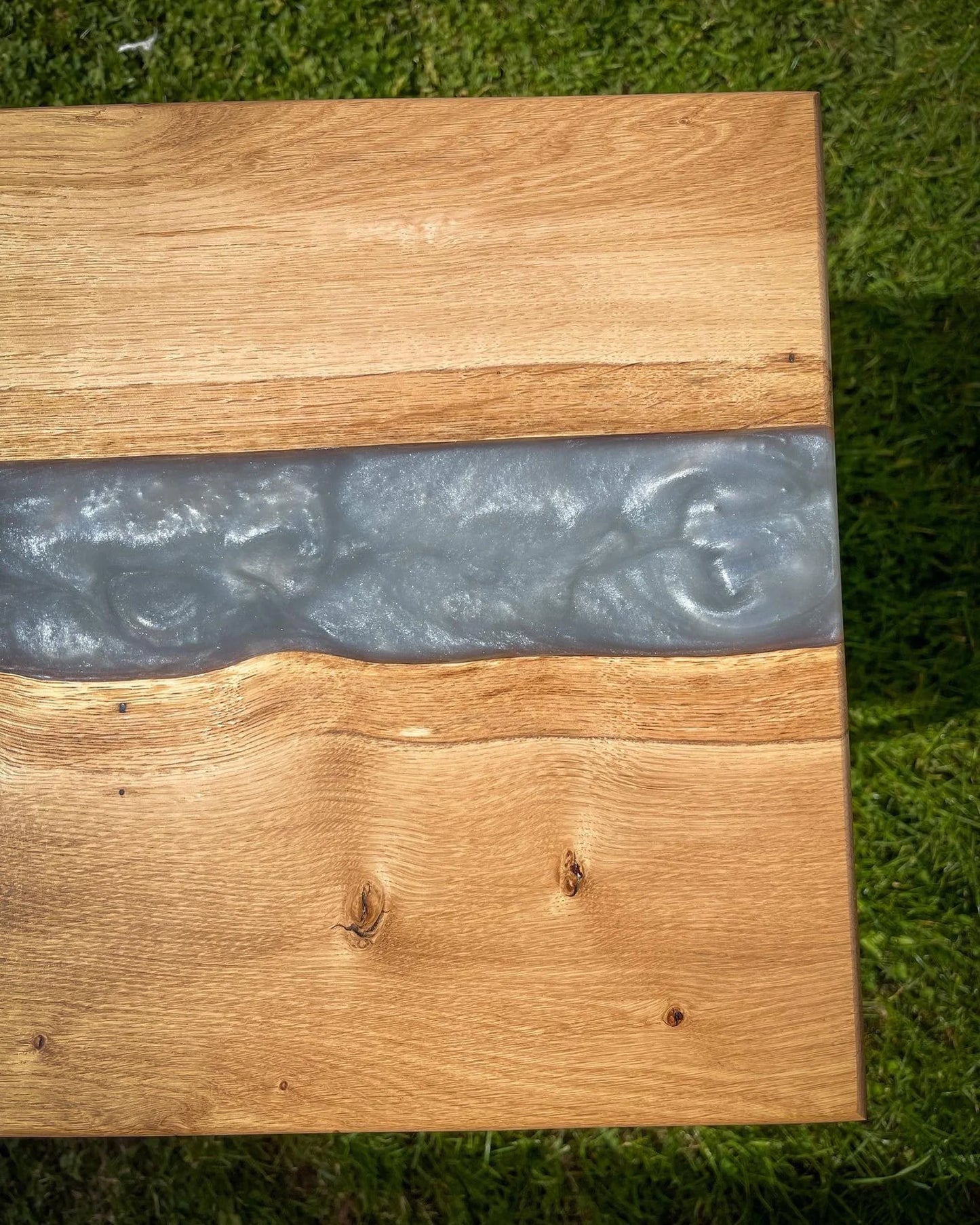 Sycamore Wood and Light Silver Epoxy Resin River Side Table