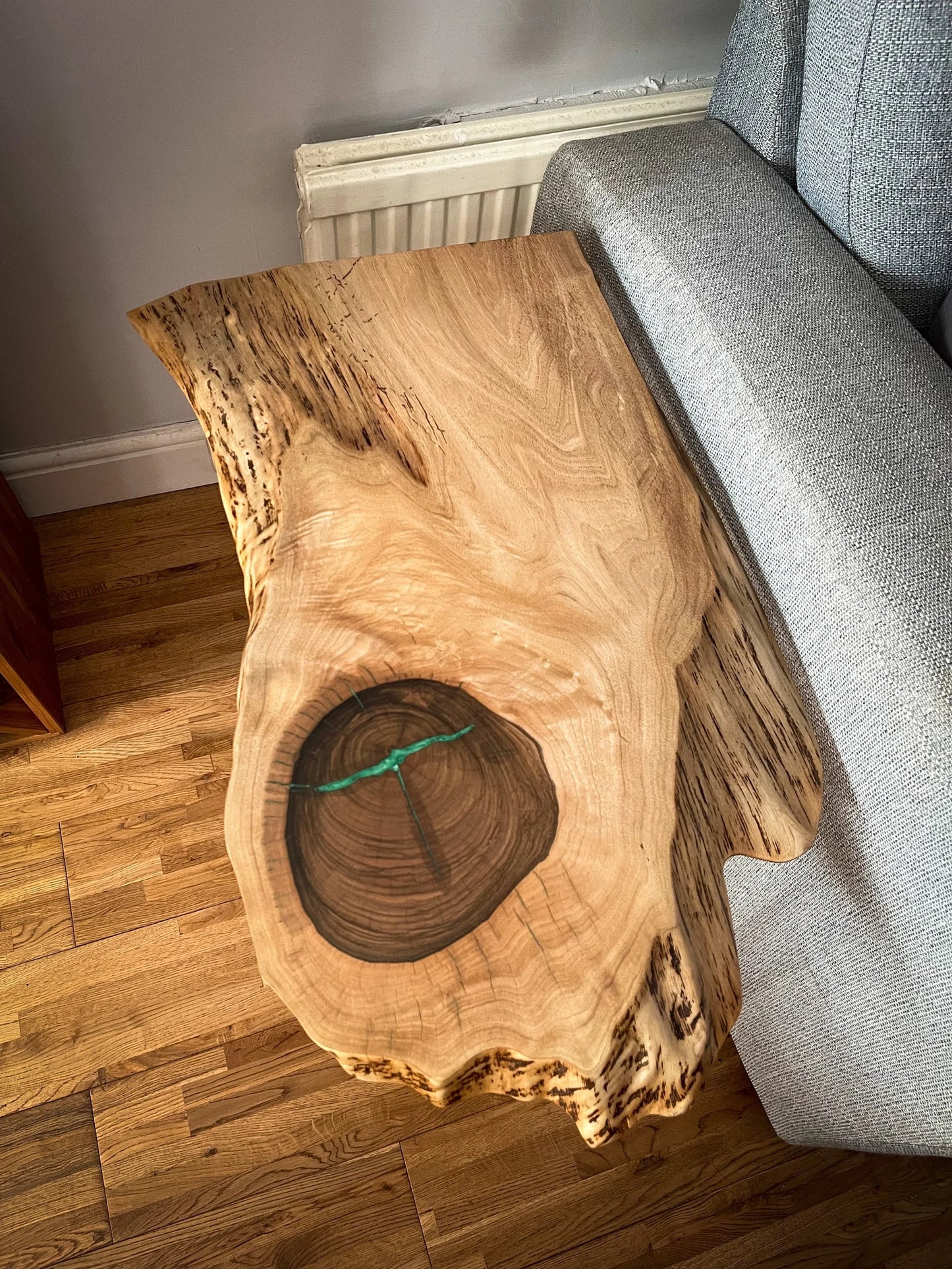 English Walnut and Pickled Green Epoxy Resin Side Table
