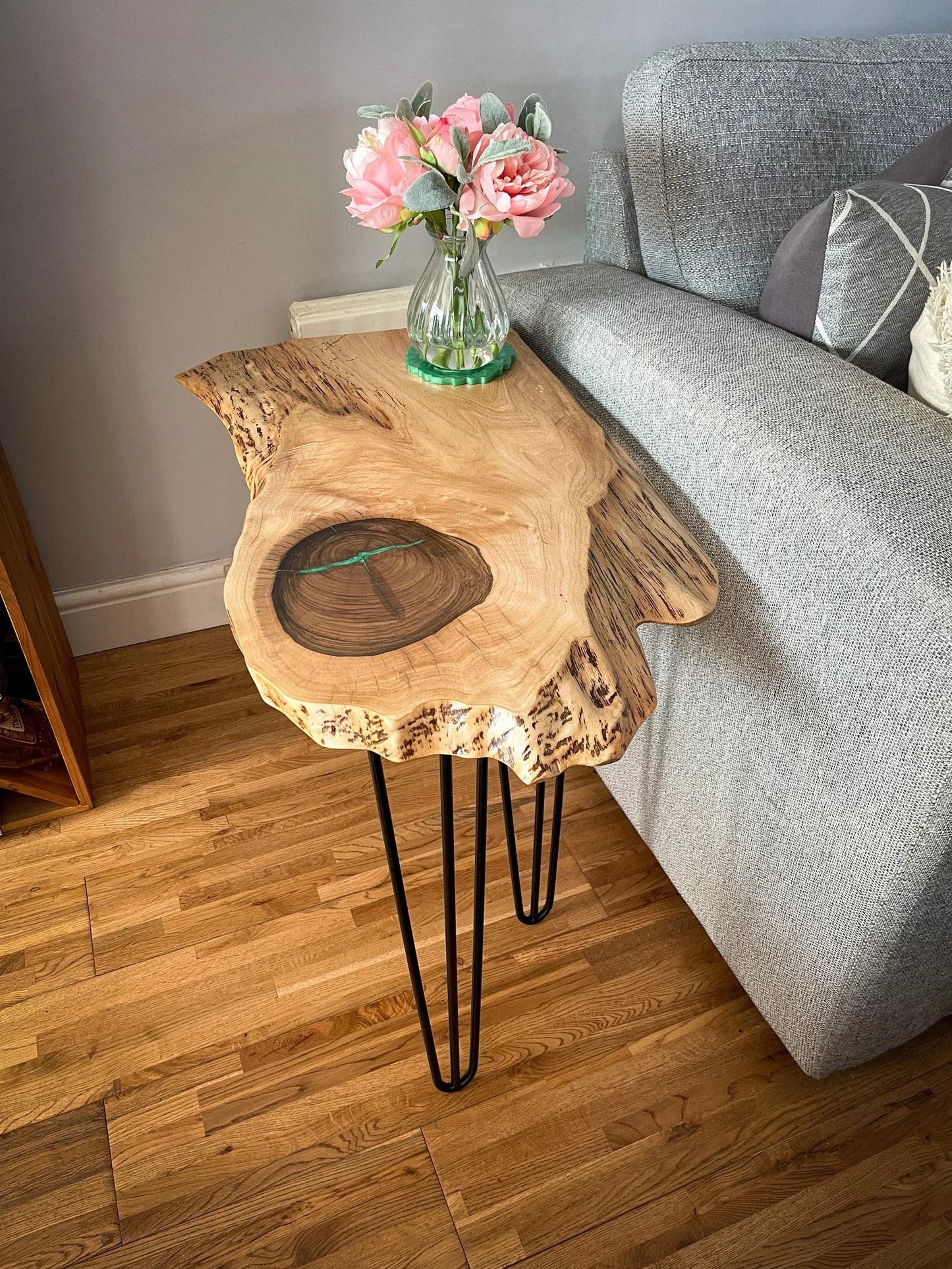 English Walnut and Pickled Green Epoxy Resin Side Table