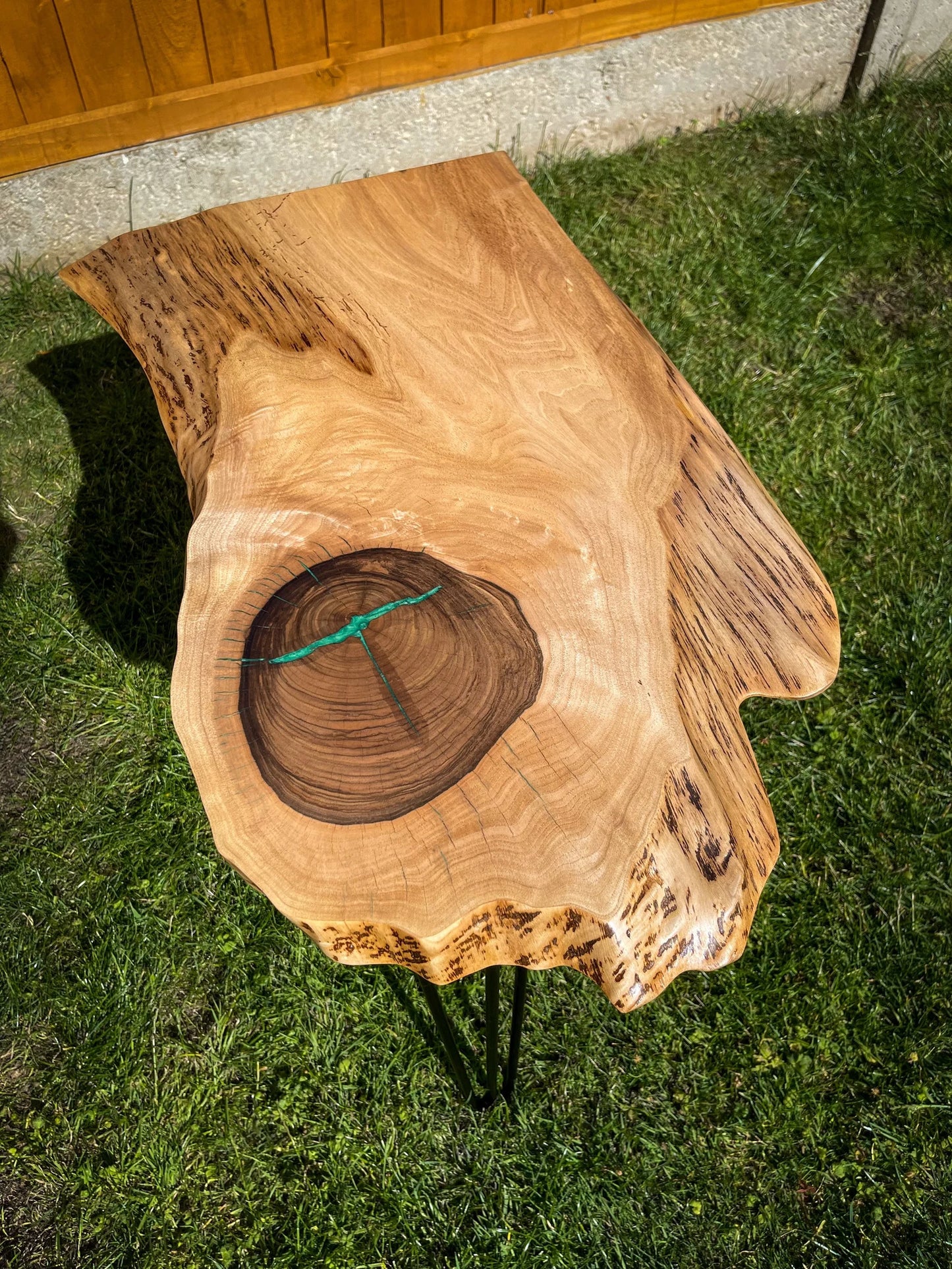 English Walnut and Pickled Green Epoxy Resin Side Table