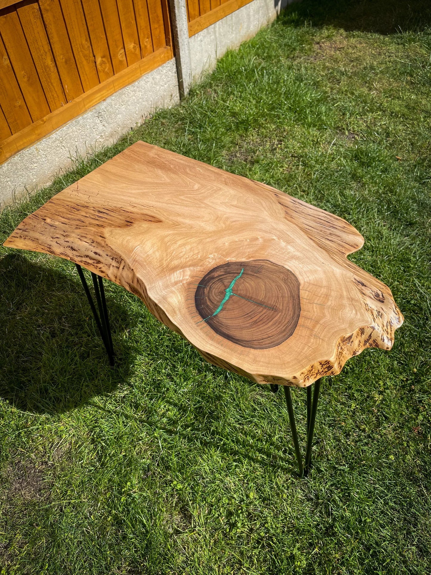 English Walnut and Pickled Green Epoxy Resin Side Table