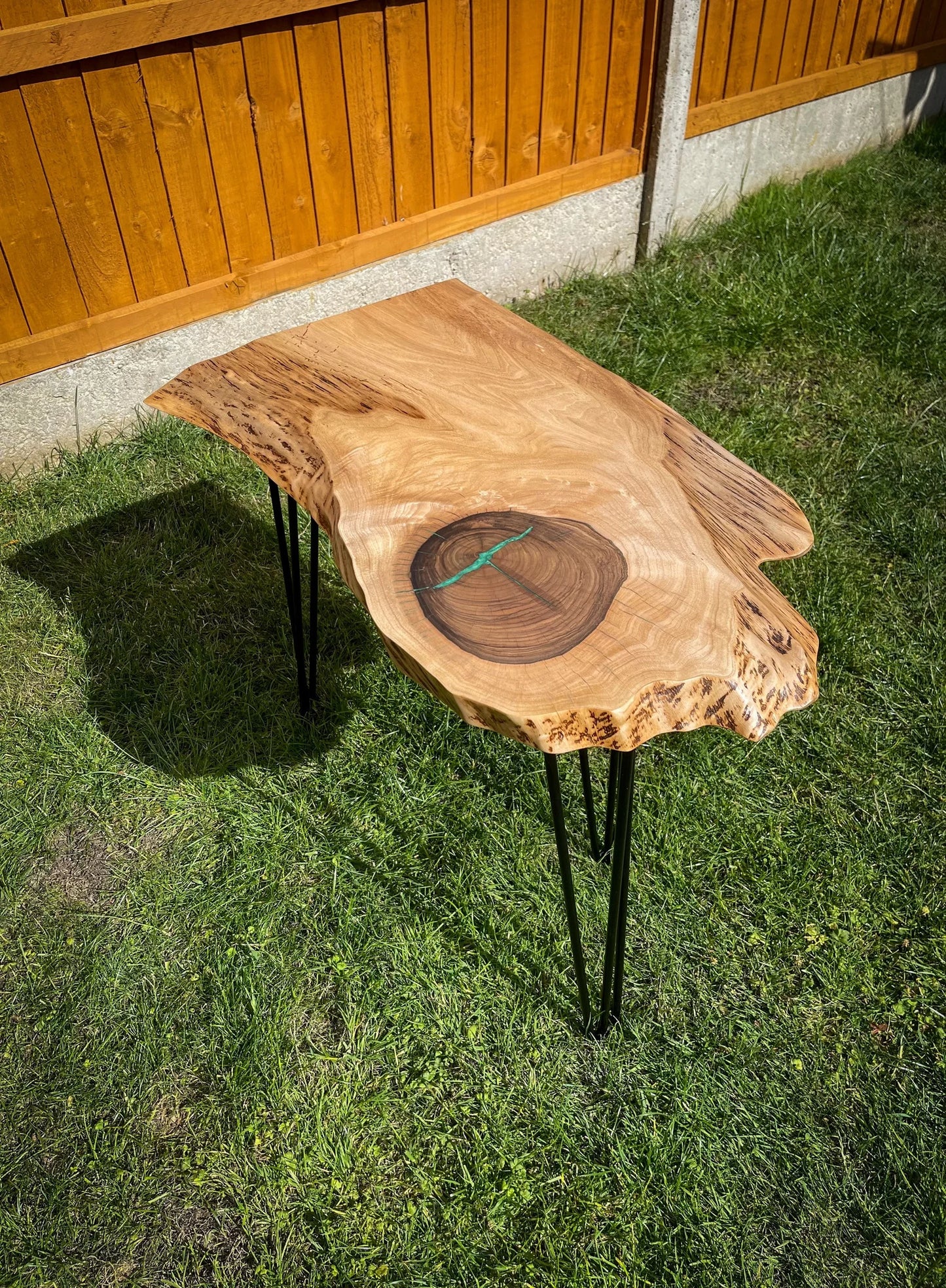 English Walnut and Pickled Green Epoxy Resin Side Table