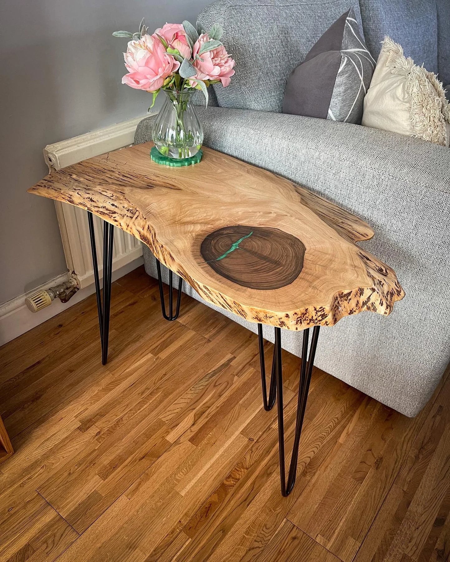 English Walnut and Pickled Green Epoxy Resin Side Table
