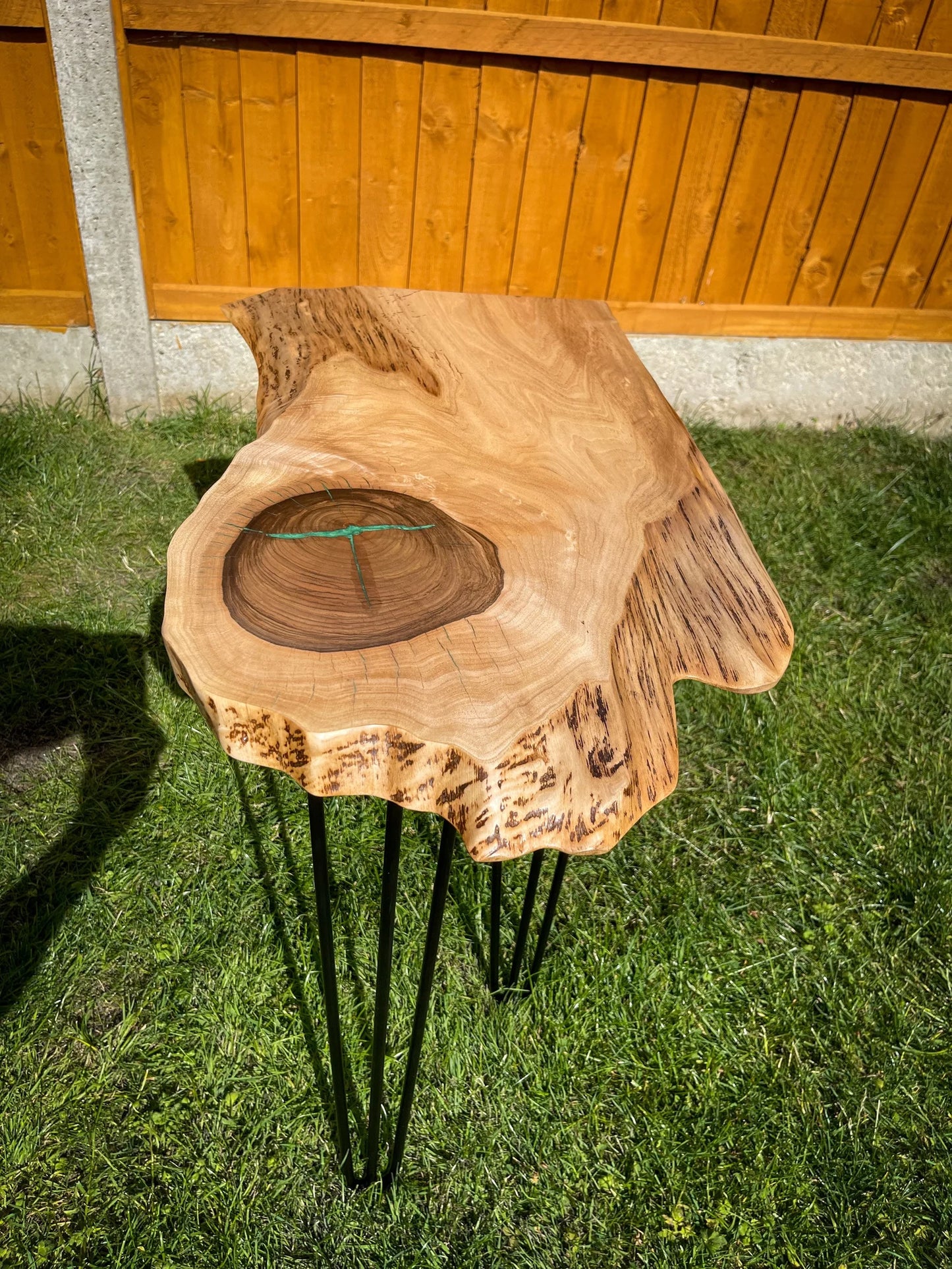 English Walnut and Pickled Green Epoxy Resin Side Table