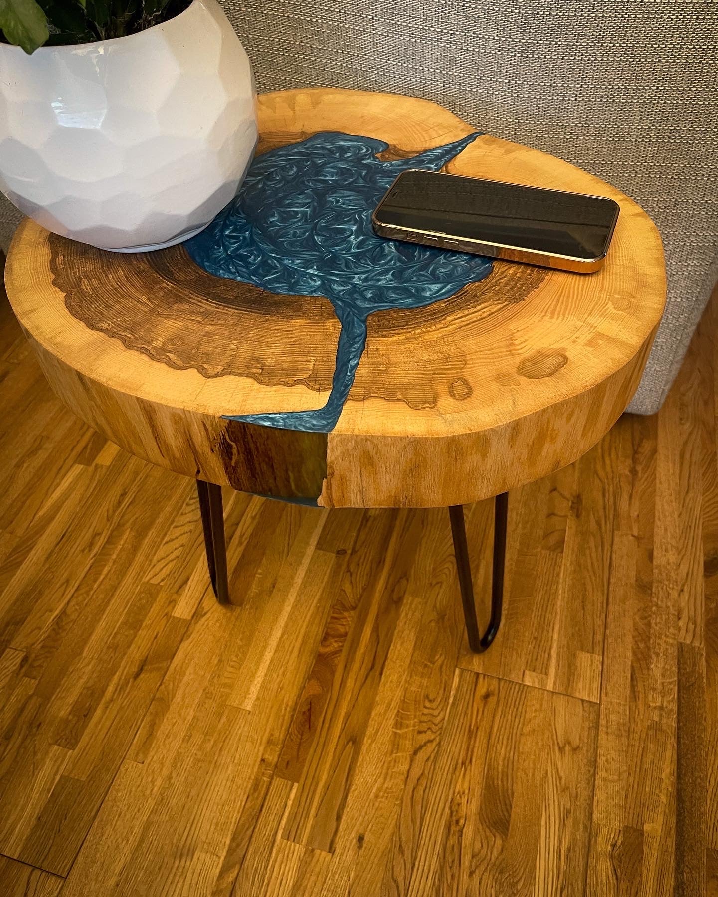 Ash Wood and Blue Epoxy Resin Coffee Table