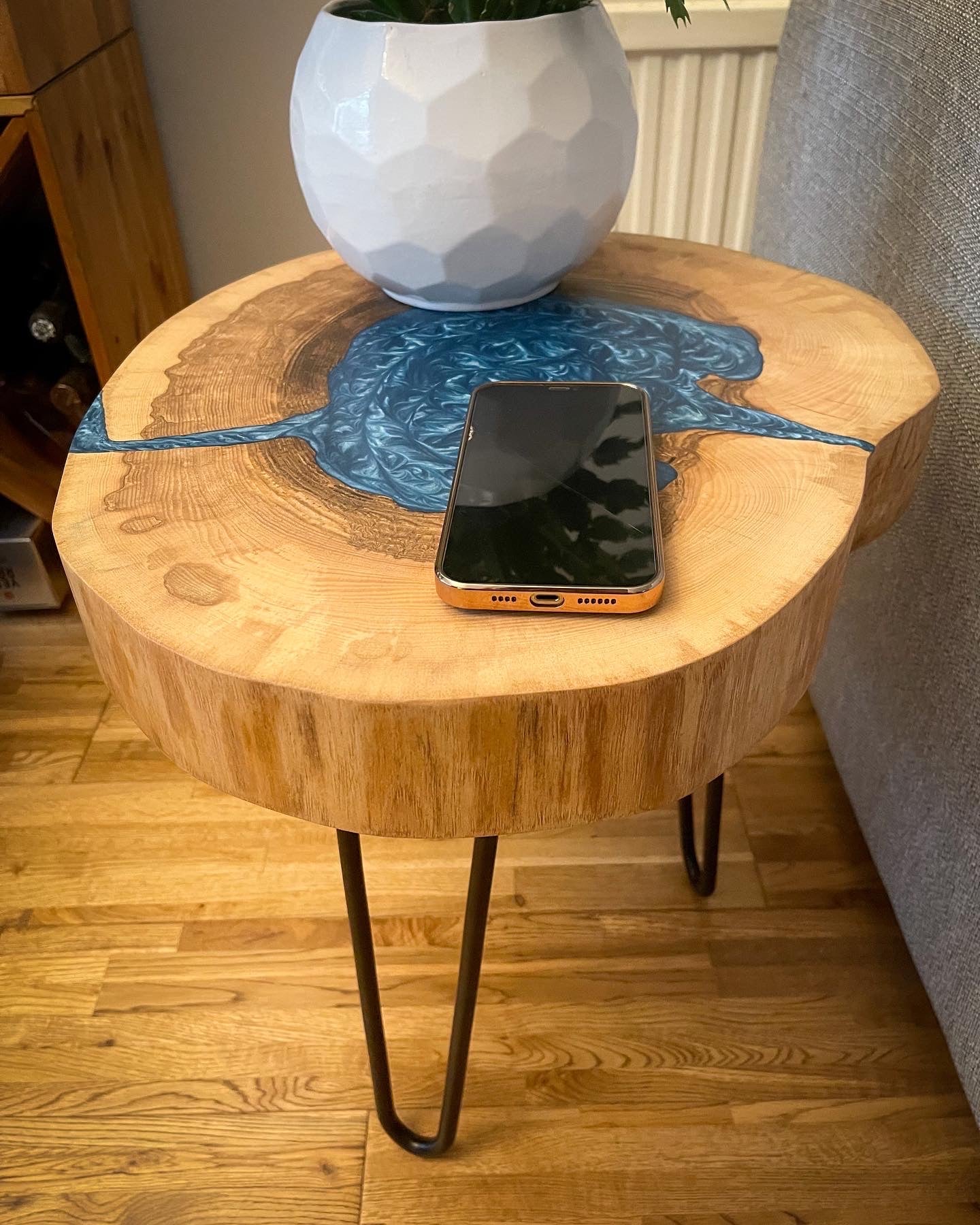 Ash Wood and Blue Epoxy Resin Coffee Table