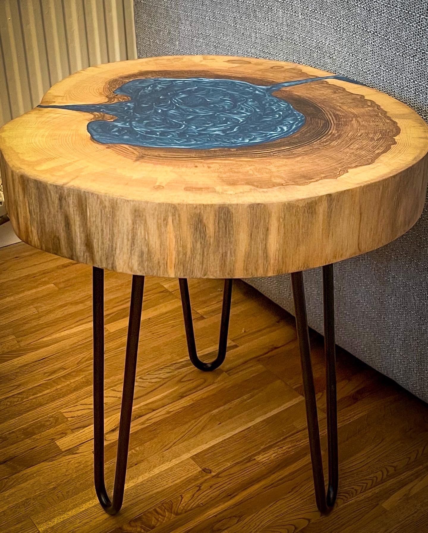 Ash Wood and Blue Epoxy Resin Coffee Table