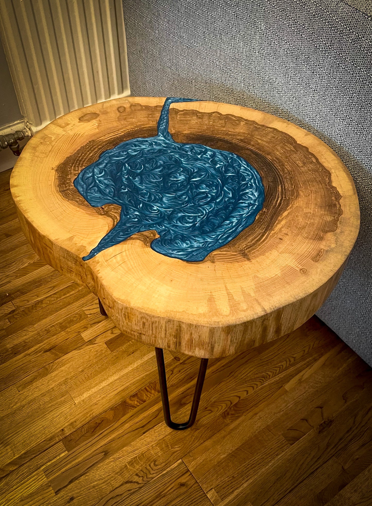 Ash Wood and Blue Epoxy Resin Coffee Table