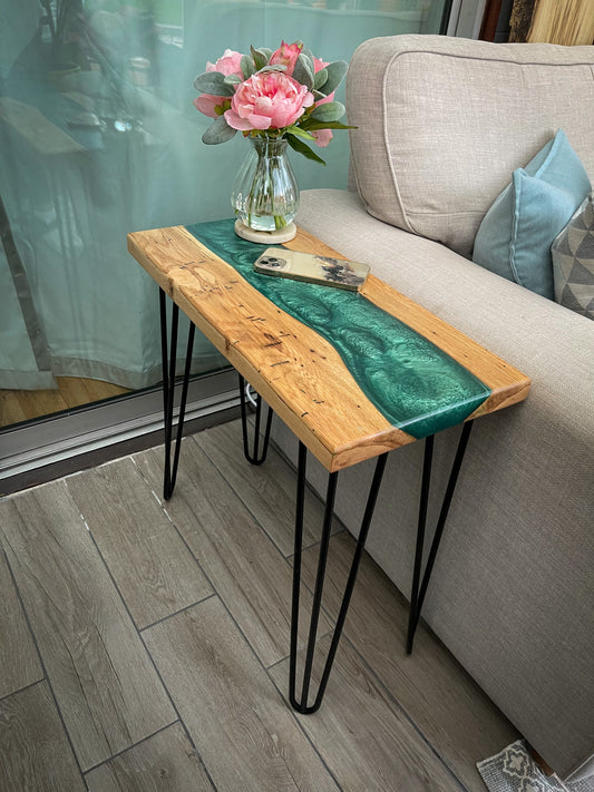 Oak Wood and Turquoise Epoxy Resin River Side Table